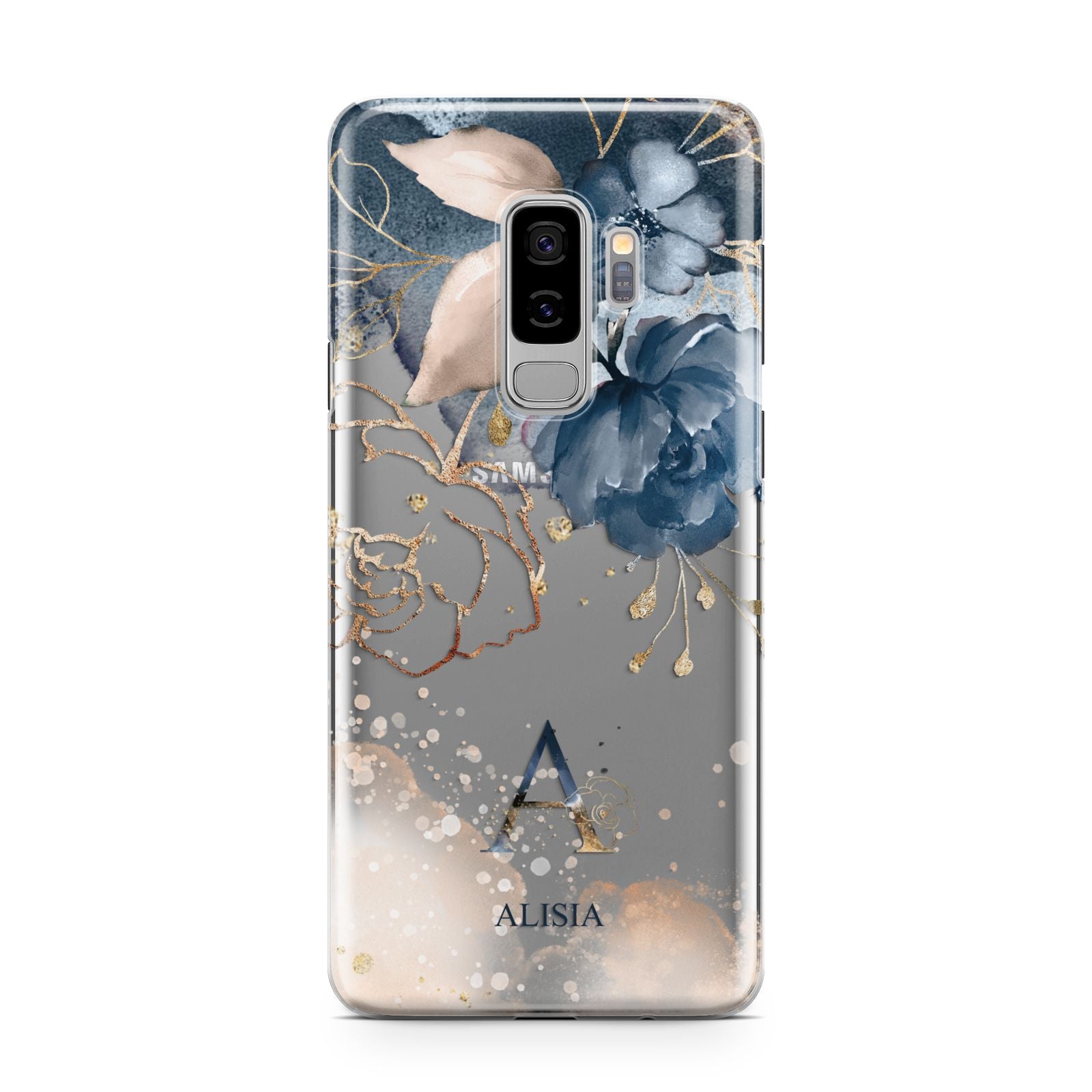 Monogrammed Watercolour Flower Elements Samsung Galaxy S9 Plus Case on Silver phone