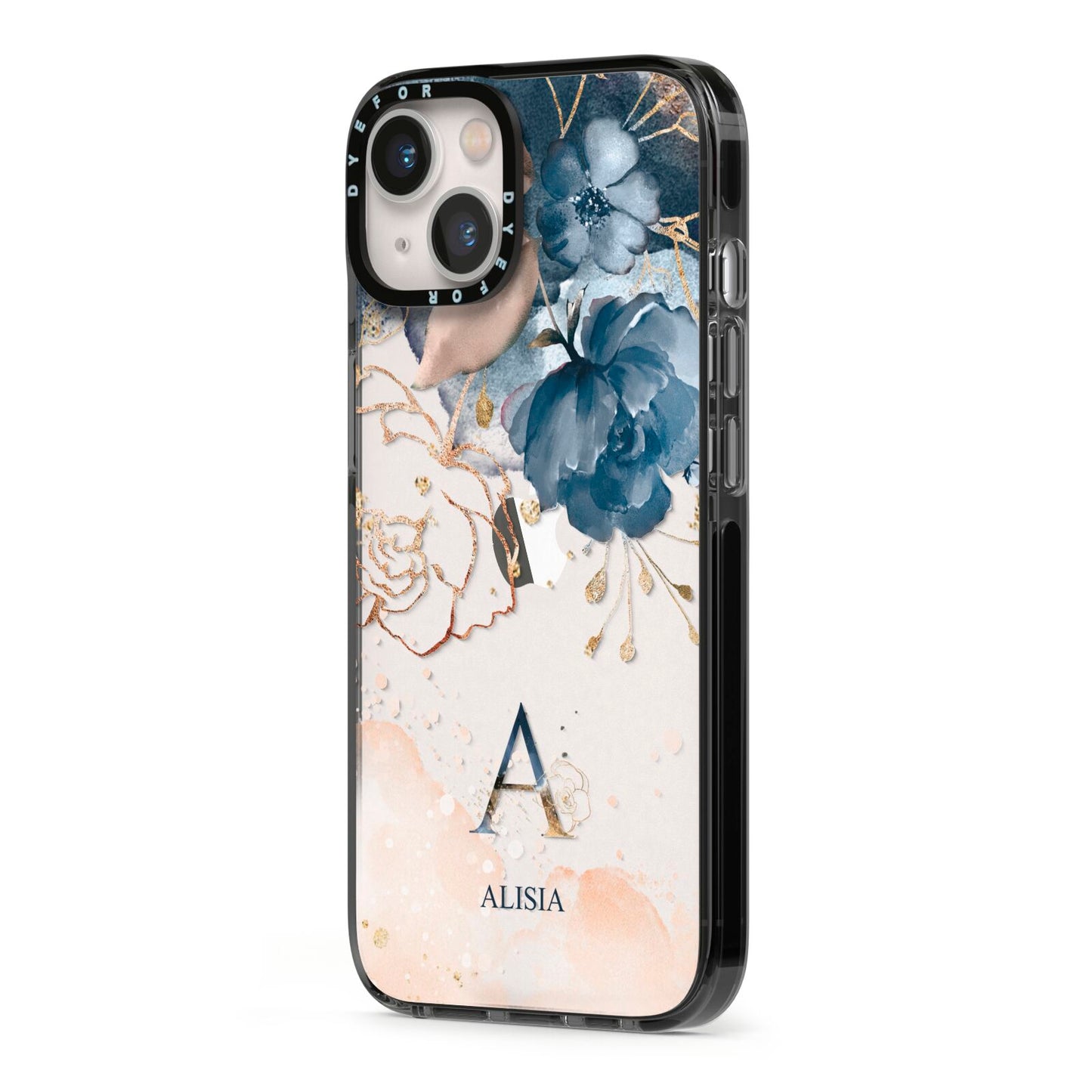 Monogrammed Watercolour Flower Elements iPhone 13 Black Impact Case Side Angle on Silver phone