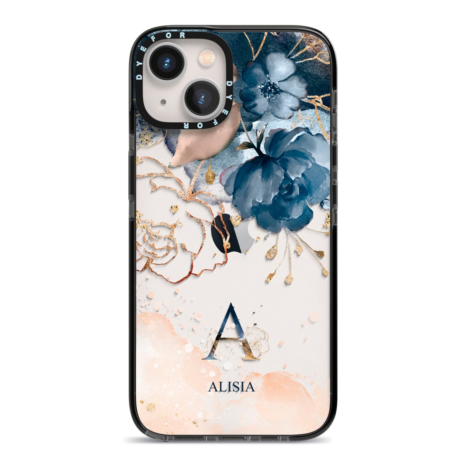 Monogrammed Watercolour Flower Elements iPhone 13 Black Impact Case on Silver phone