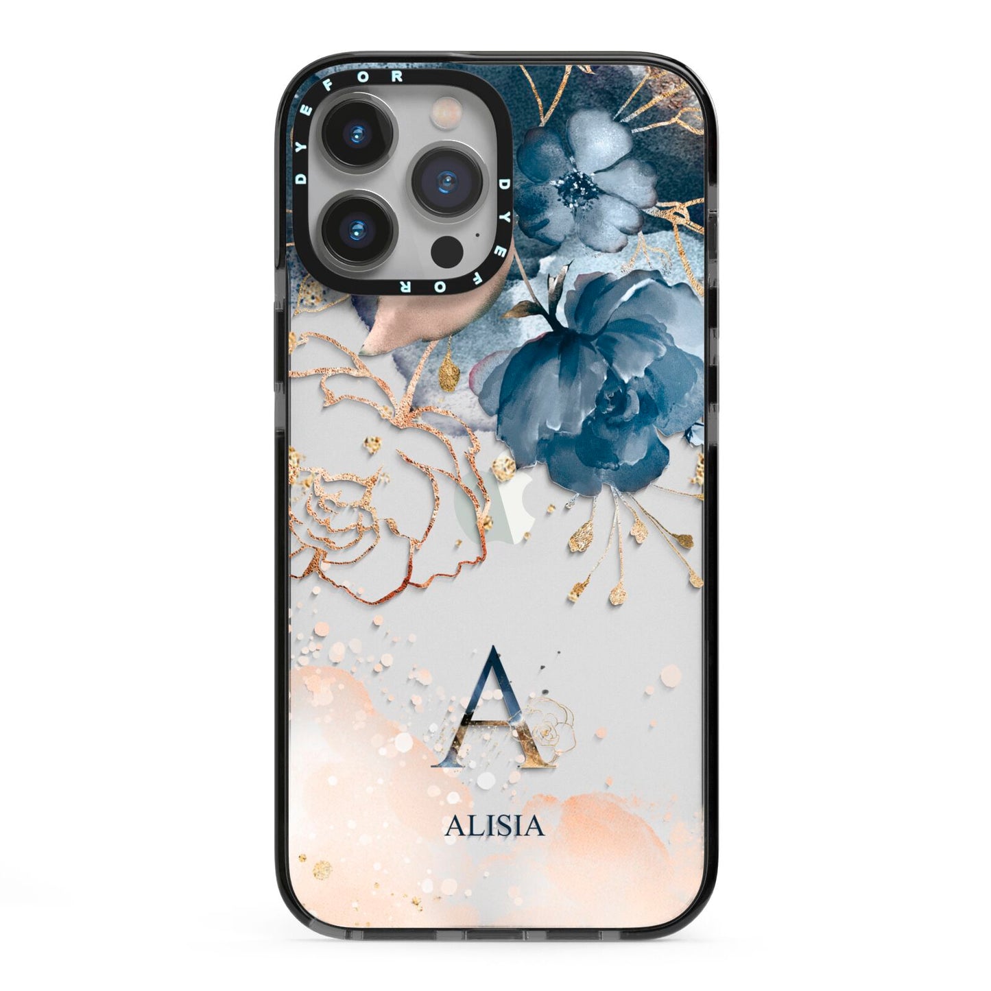 Monogrammed Watercolour Flower Elements iPhone 13 Pro Max Black Impact Case on Silver phone