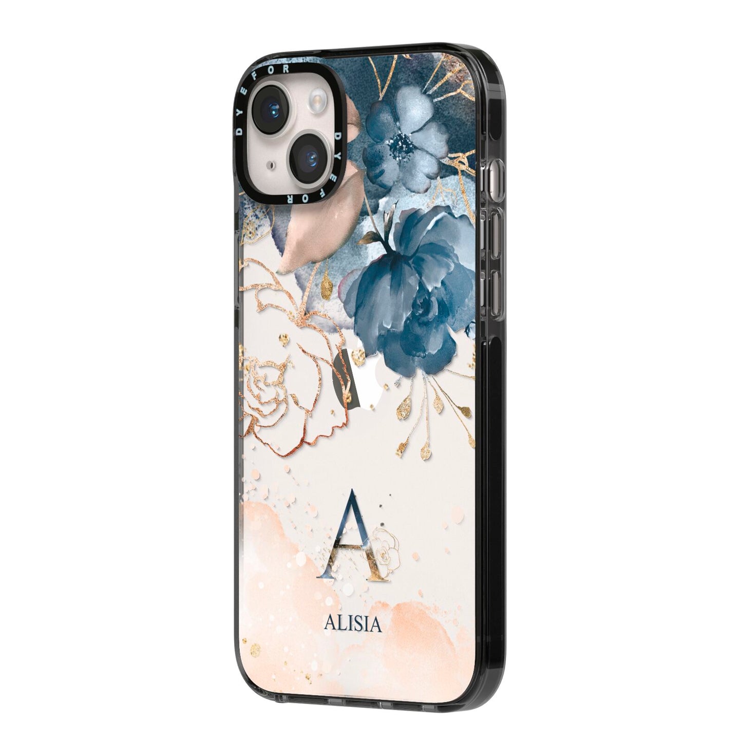 Monogrammed Watercolour Flower Elements iPhone 14 Plus Black Impact Case Side Angle on Silver phone