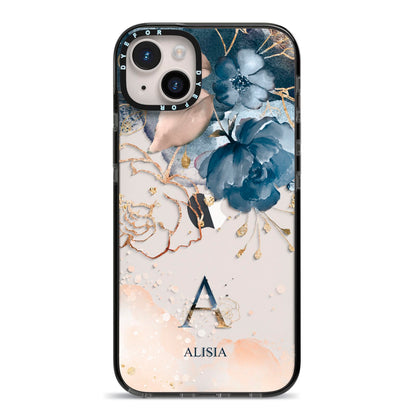 Monogrammed Watercolour Flower Elements iPhone 14 Plus Black Impact Case on Silver phone