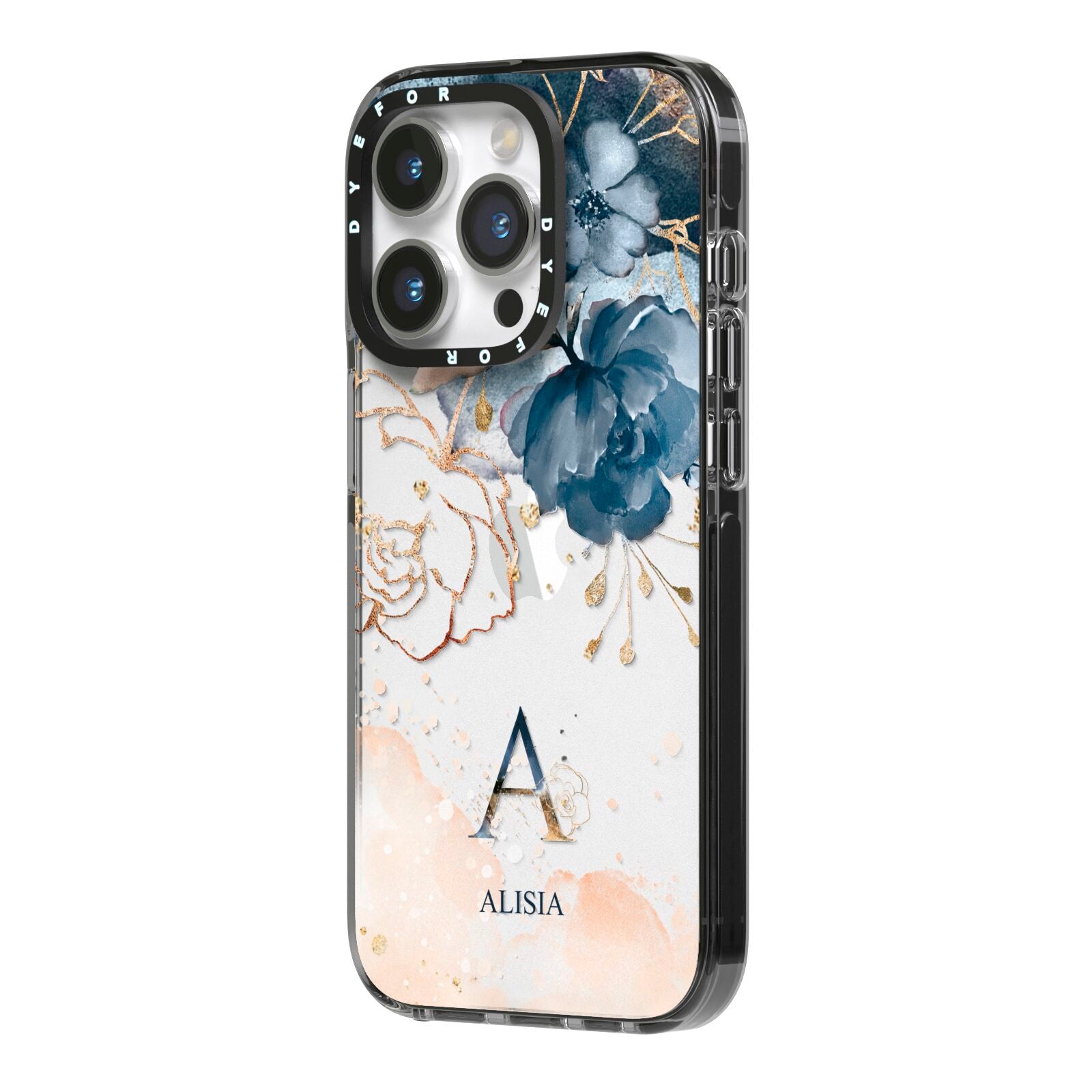 Monogrammed Watercolour Flower Elements iPhone 14 Pro Black Impact Case Side Angle on Silver phone