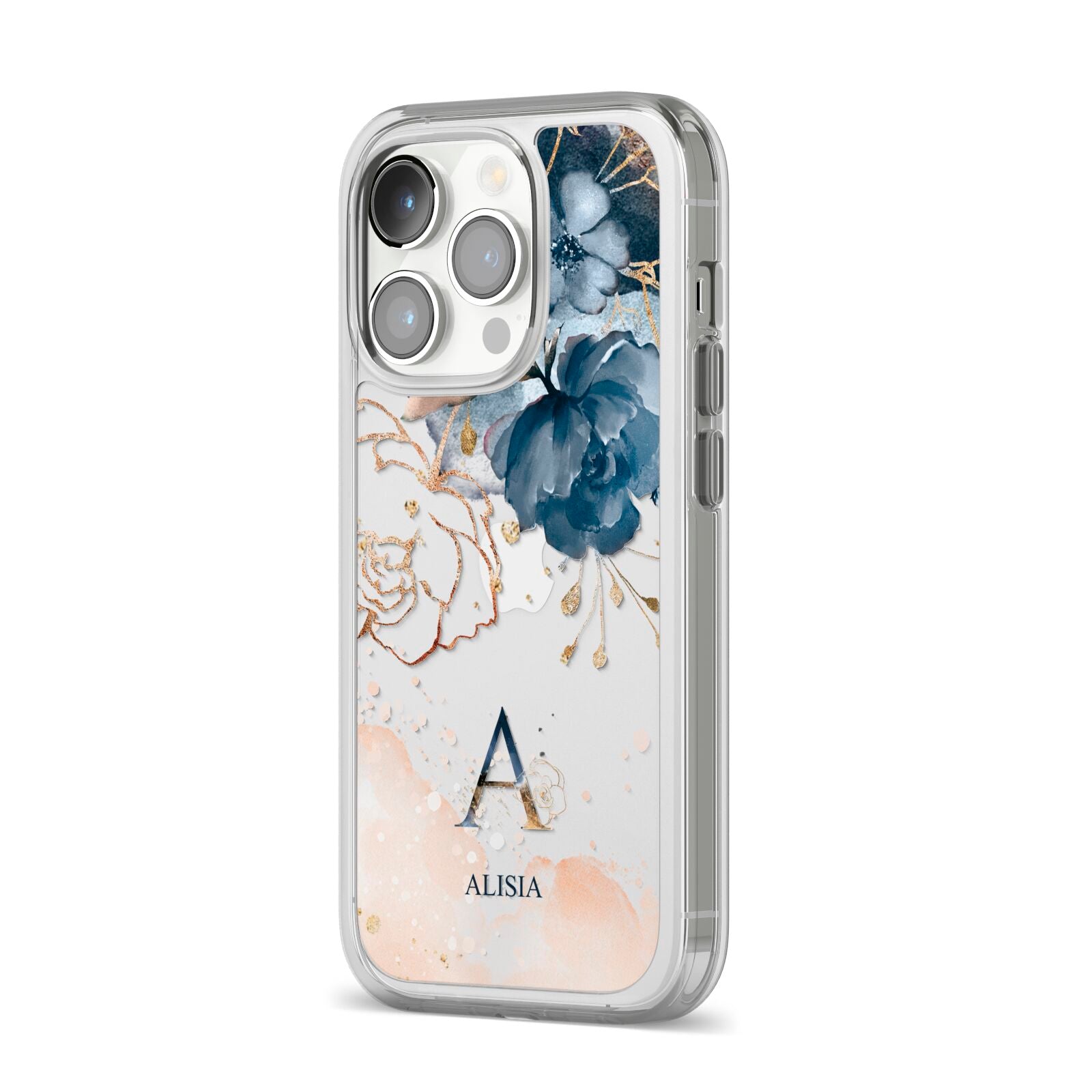 Monogrammed Watercolour Flower Elements iPhone 14 Pro Clear Tough Case Silver Angled Image
