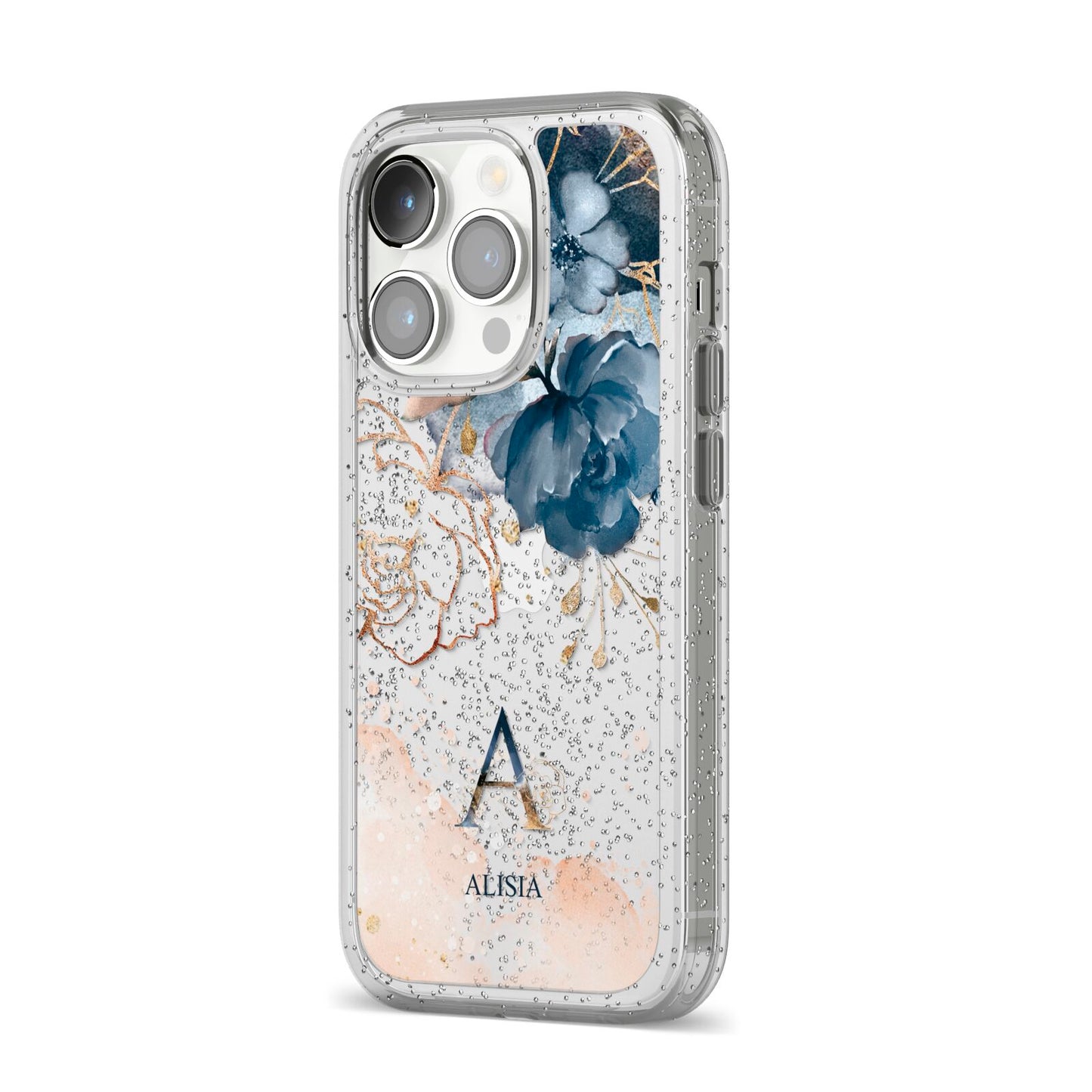 Monogrammed Watercolour Flower Elements iPhone 14 Pro Glitter Tough Case Silver Angled Image