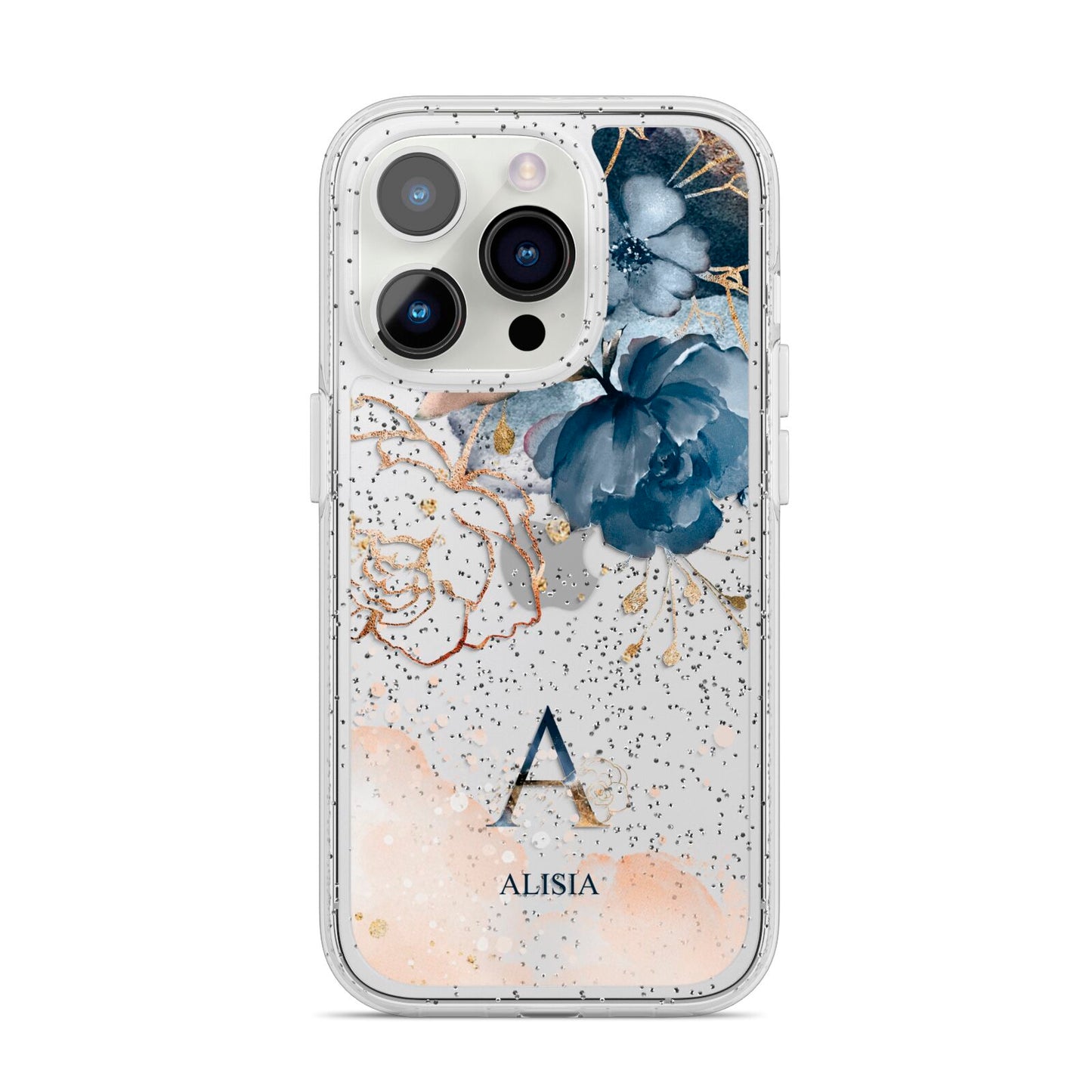 Monogrammed Watercolour Flower Elements iPhone 14 Pro Glitter Tough Case Silver