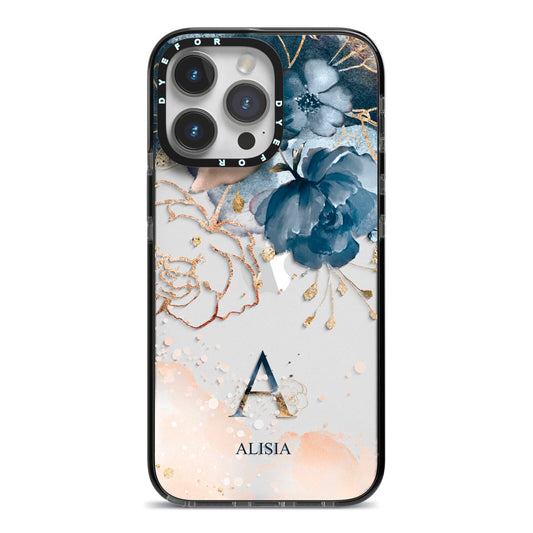 Monogrammed Watercolour Flower Elements iPhone 14 Pro Max Black Impact Case on Silver phone