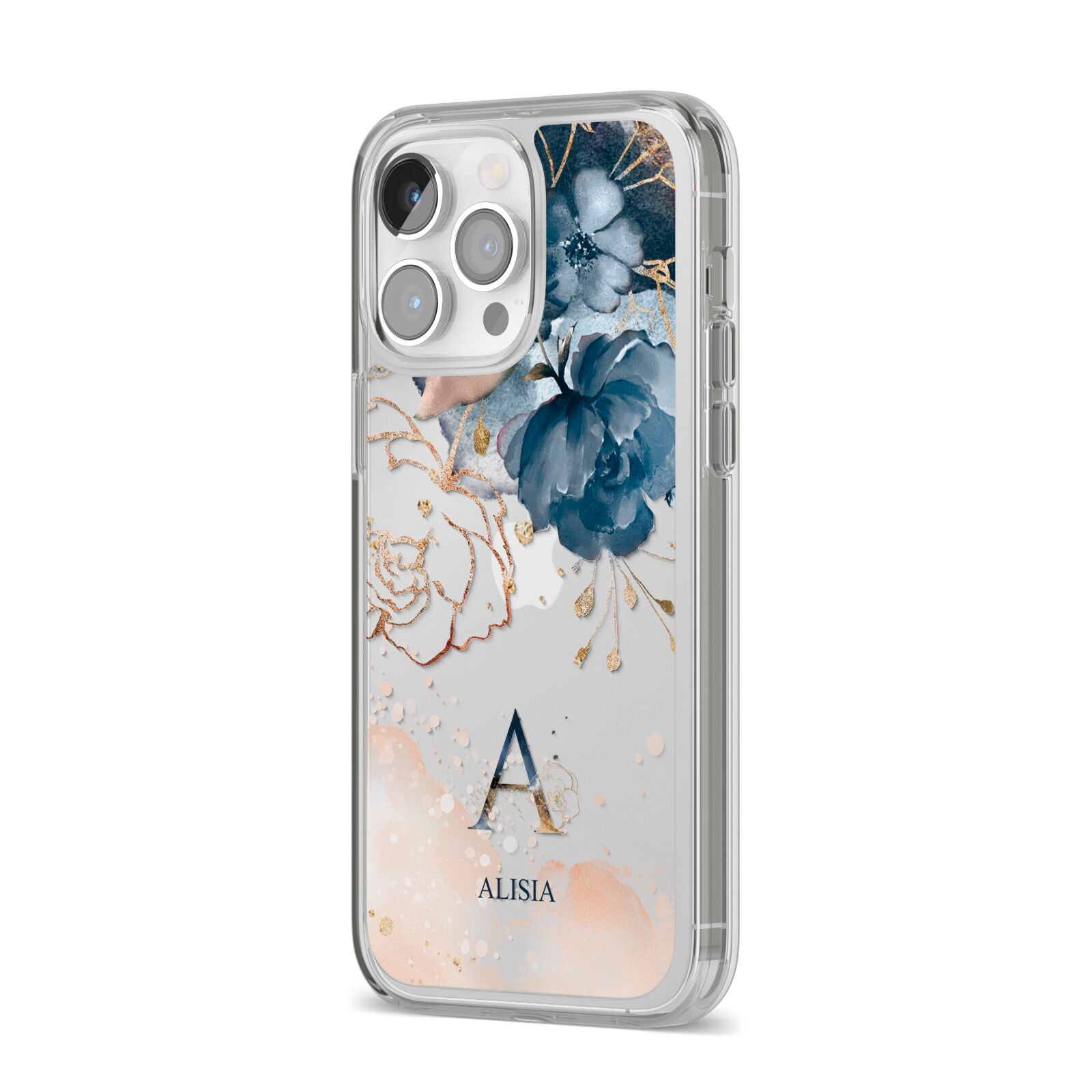 Monogrammed Watercolour Flower Elements iPhone 14 Pro Max Clear Tough Case Silver Angled Image