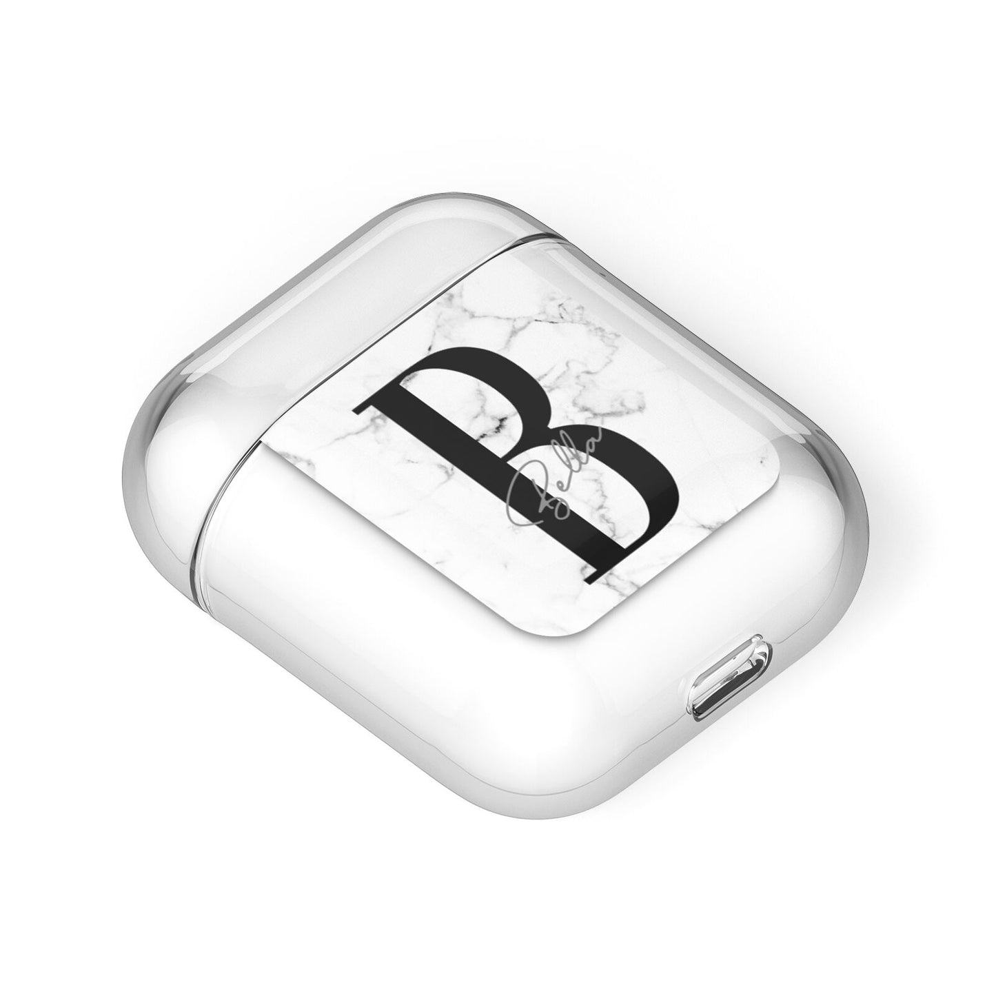Monogrammed White Marble AirPods Case Laid Flat