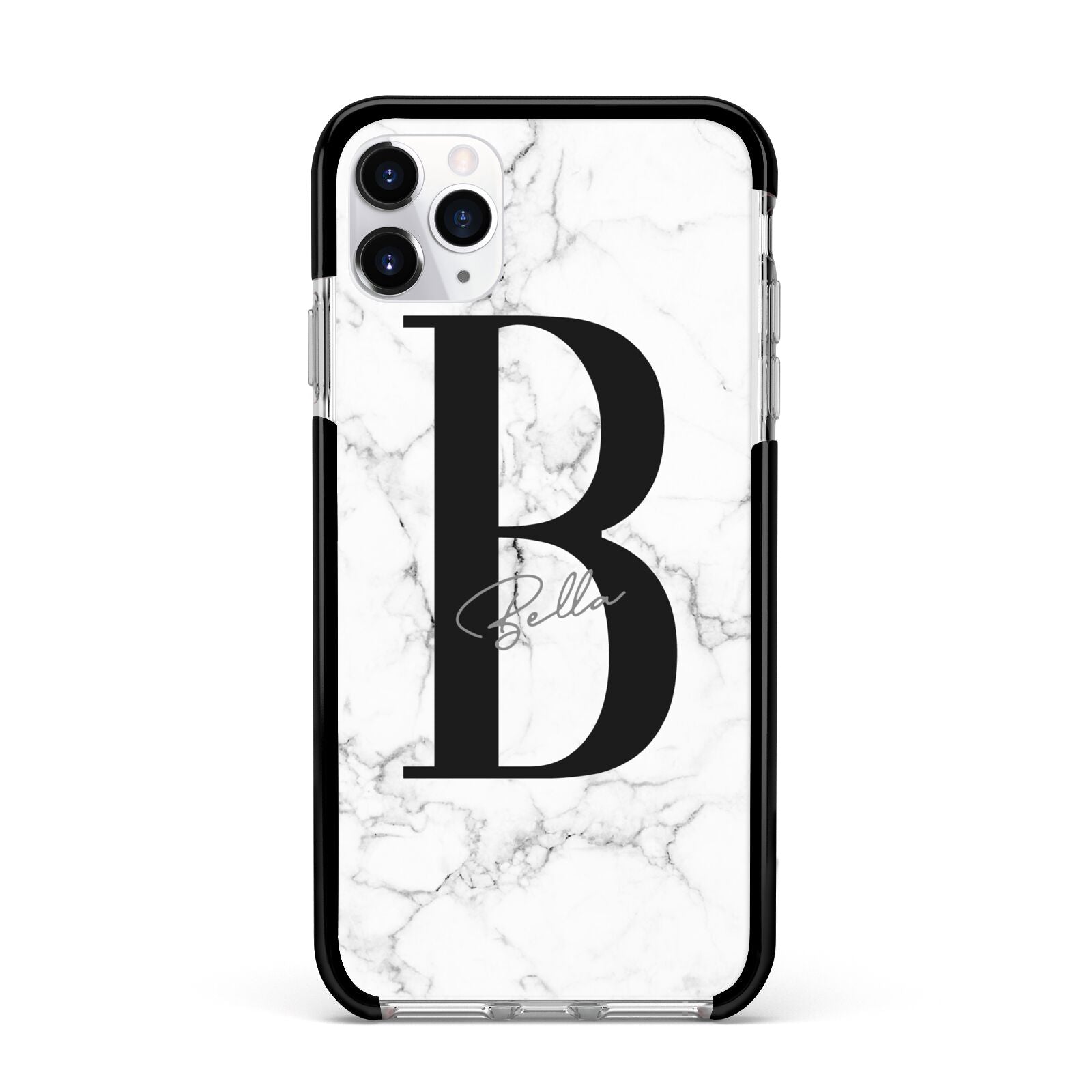 Monogrammed White Marble Apple iPhone 11 Pro Max in Silver with Black Impact Case