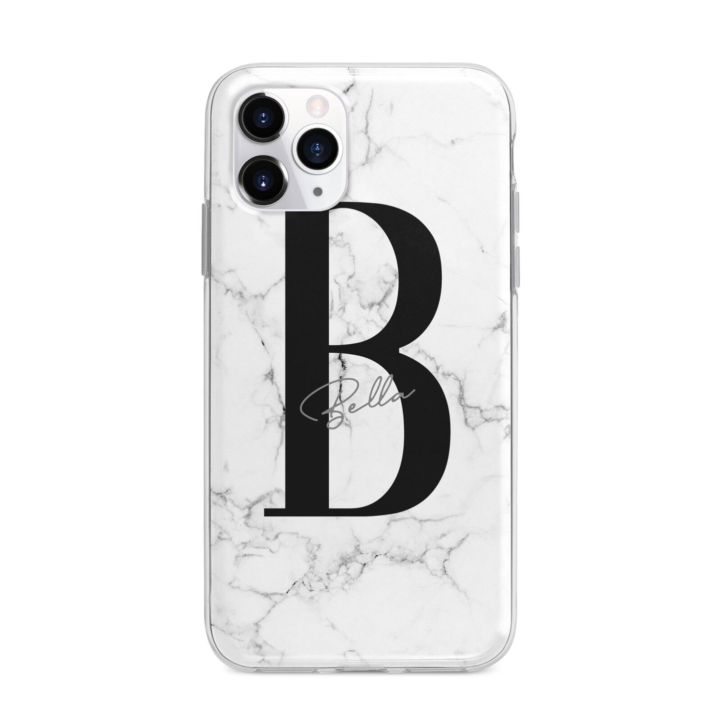 Monogrammed White Marble Apple iPhone 11 Pro Max in Silver with Bumper Case