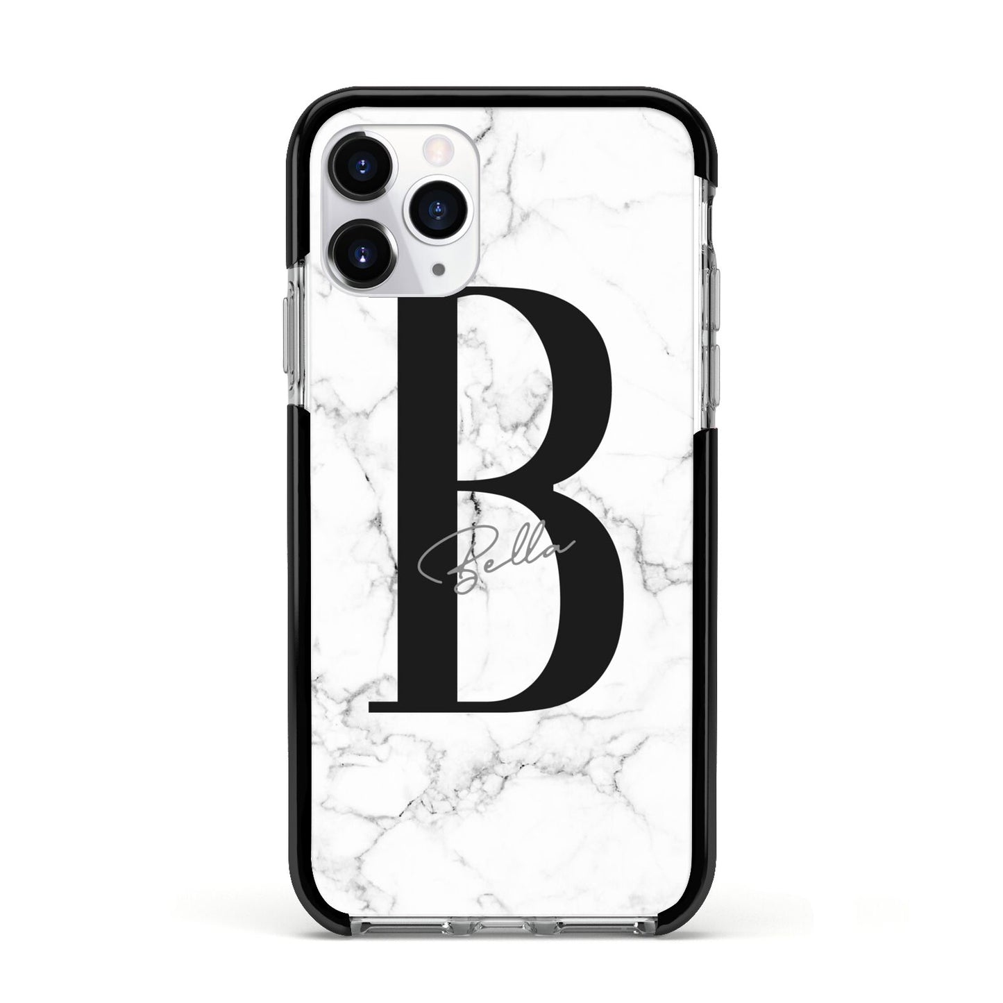 Monogrammed White Marble Apple iPhone 11 Pro in Silver with Black Impact Case