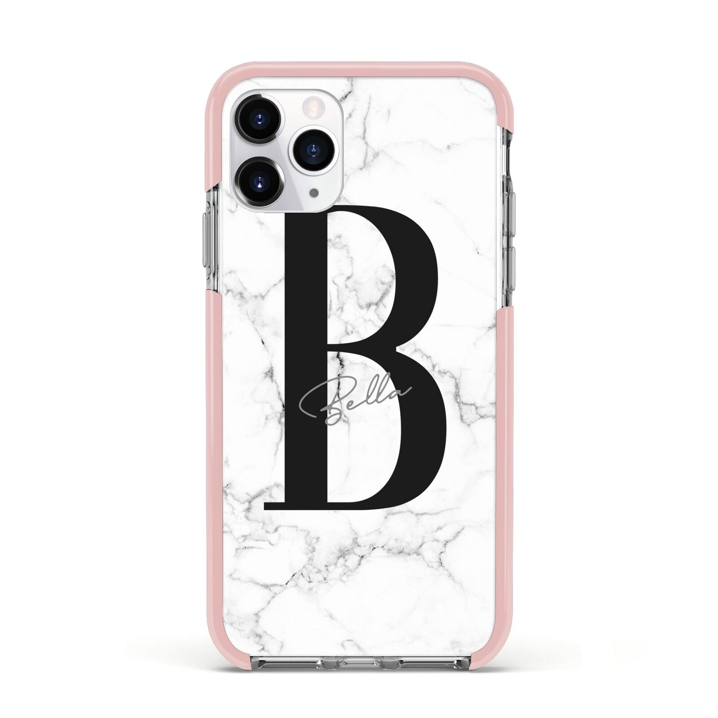 Monogrammed White Marble Apple iPhone 11 Pro in Silver with Pink Impact Case