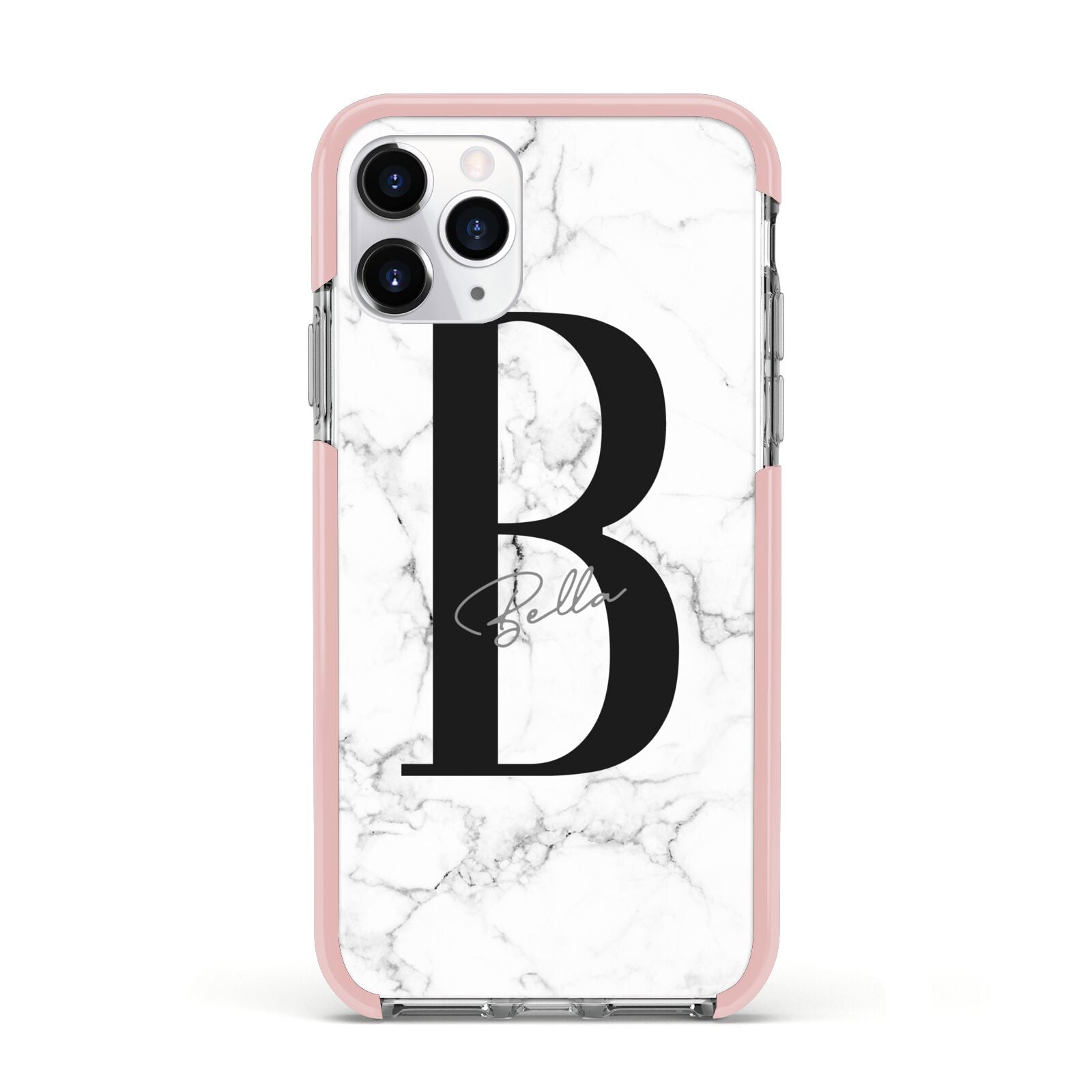 Monogrammed White Marble Apple iPhone 11 Pro in Silver with Pink Impact Case