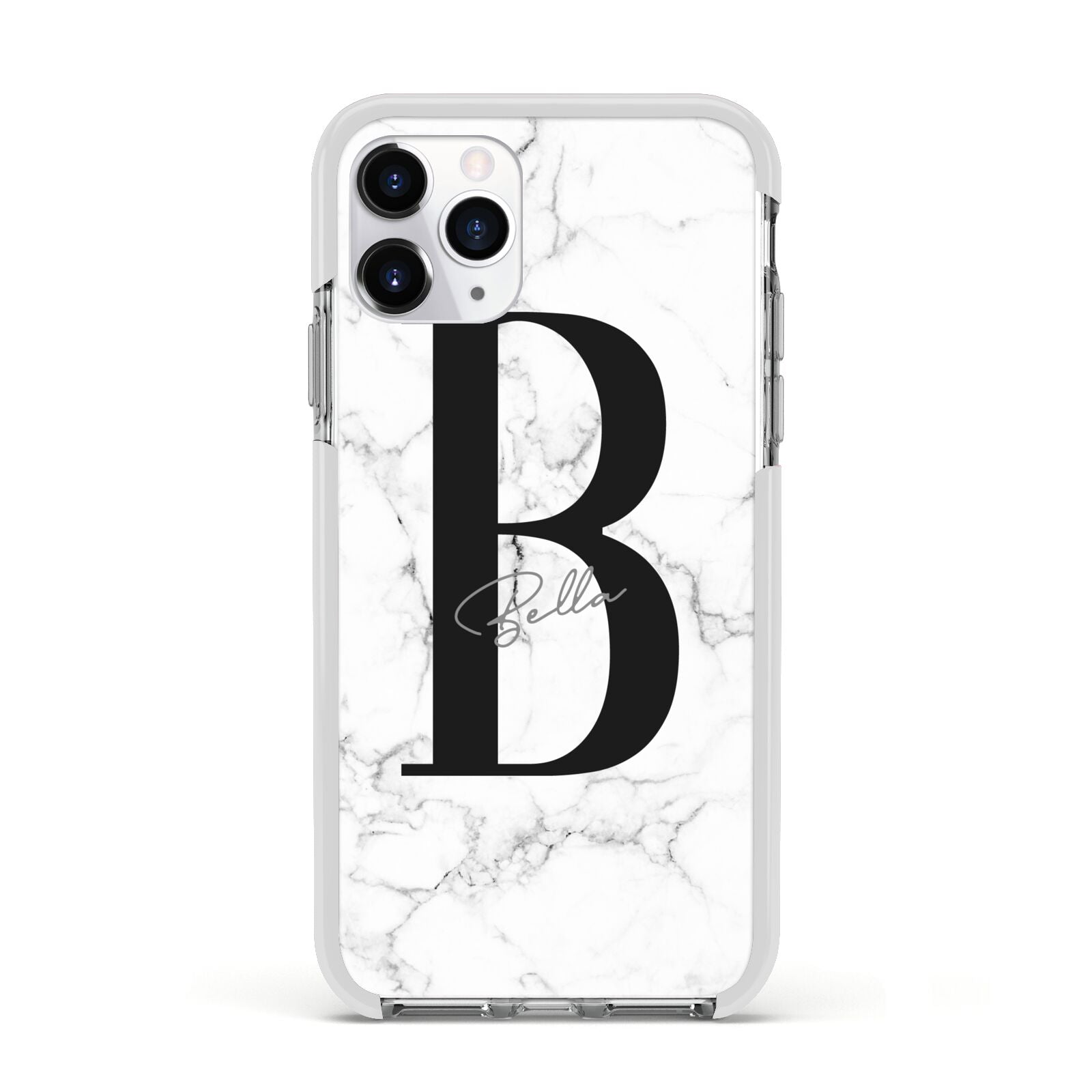 Monogrammed White Marble Apple iPhone 11 Pro in Silver with White Impact Case