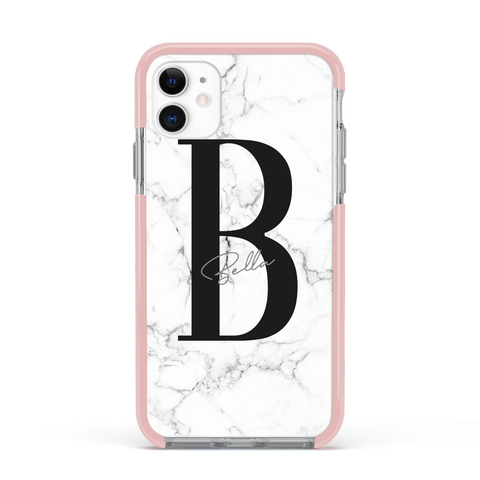Monogrammed White Marble Apple iPhone 11 in White with Pink Impact Case