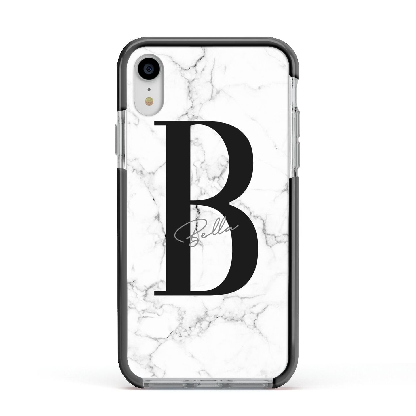 Monogrammed White Marble Apple iPhone XR Impact Case Black Edge on Silver Phone