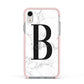 Monogrammed White Marble Apple iPhone XR Impact Case Pink Edge on Silver Phone