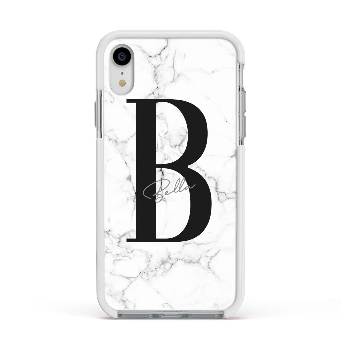 Monogrammed White Marble Apple iPhone XR Impact Case White Edge on Silver Phone