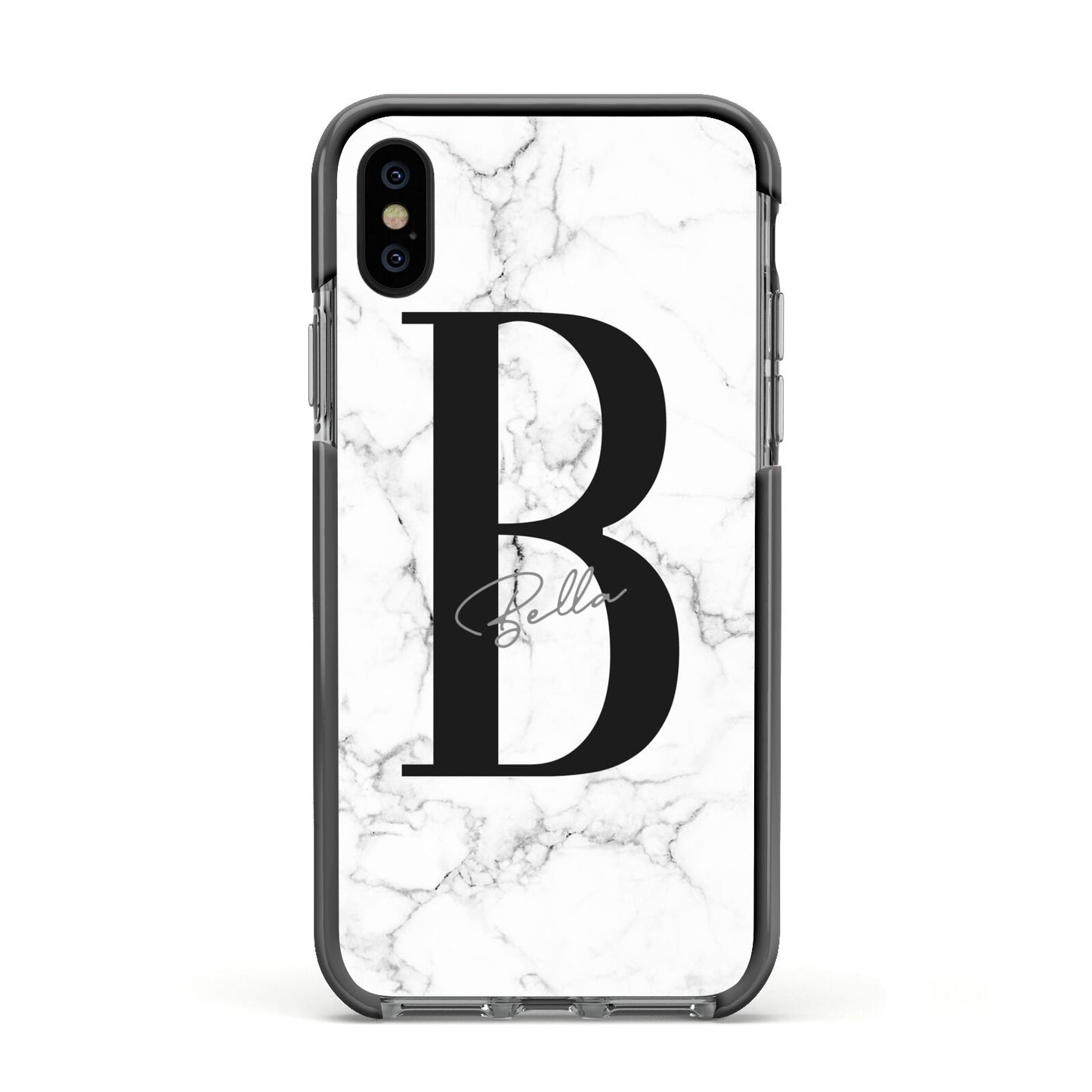 Monogrammed White Marble Apple iPhone Xs Impact Case Black Edge on Black Phone