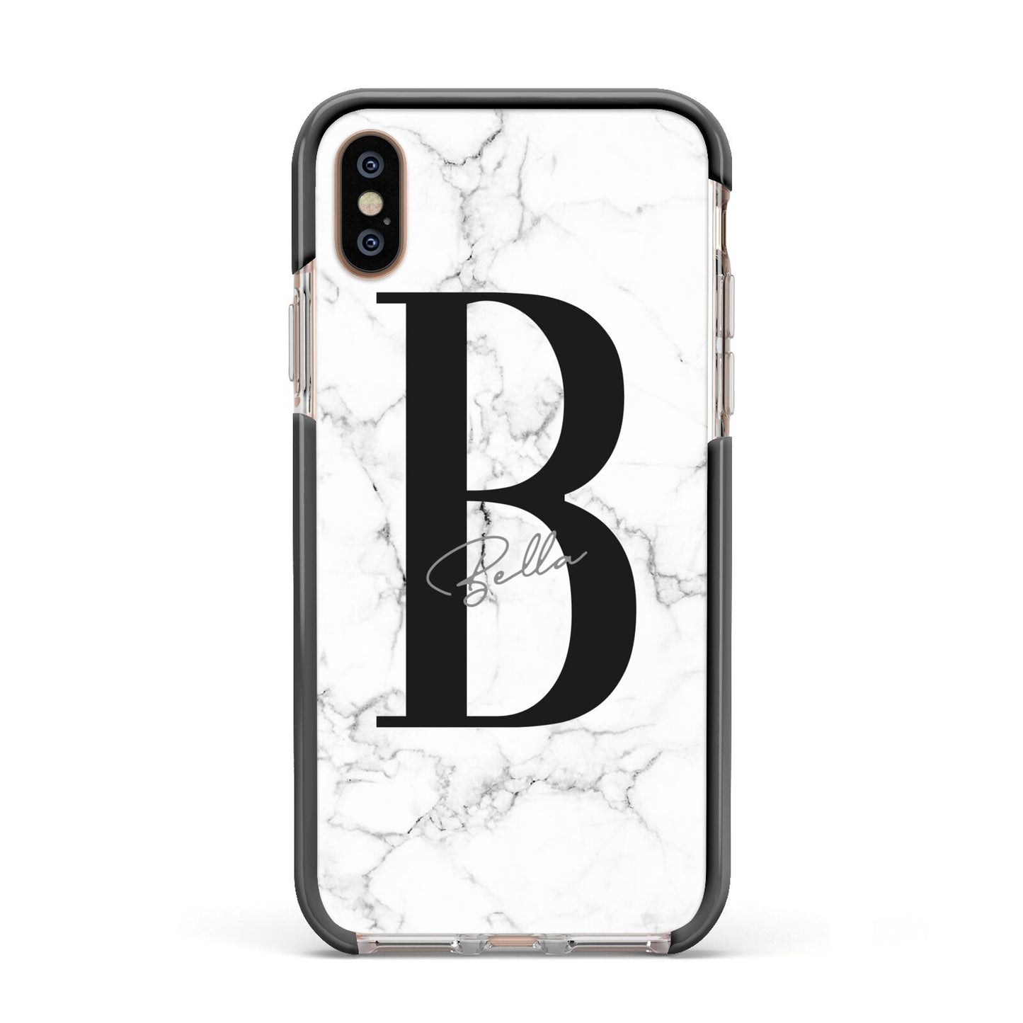 Monogrammed White Marble Apple iPhone Xs Impact Case Black Edge on Gold Phone