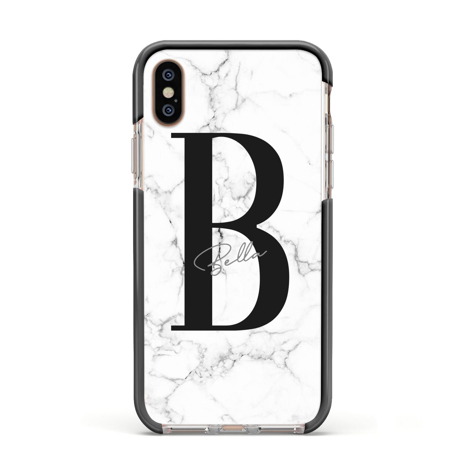 Monogrammed White Marble Apple iPhone Xs Impact Case Black Edge on Gold Phone