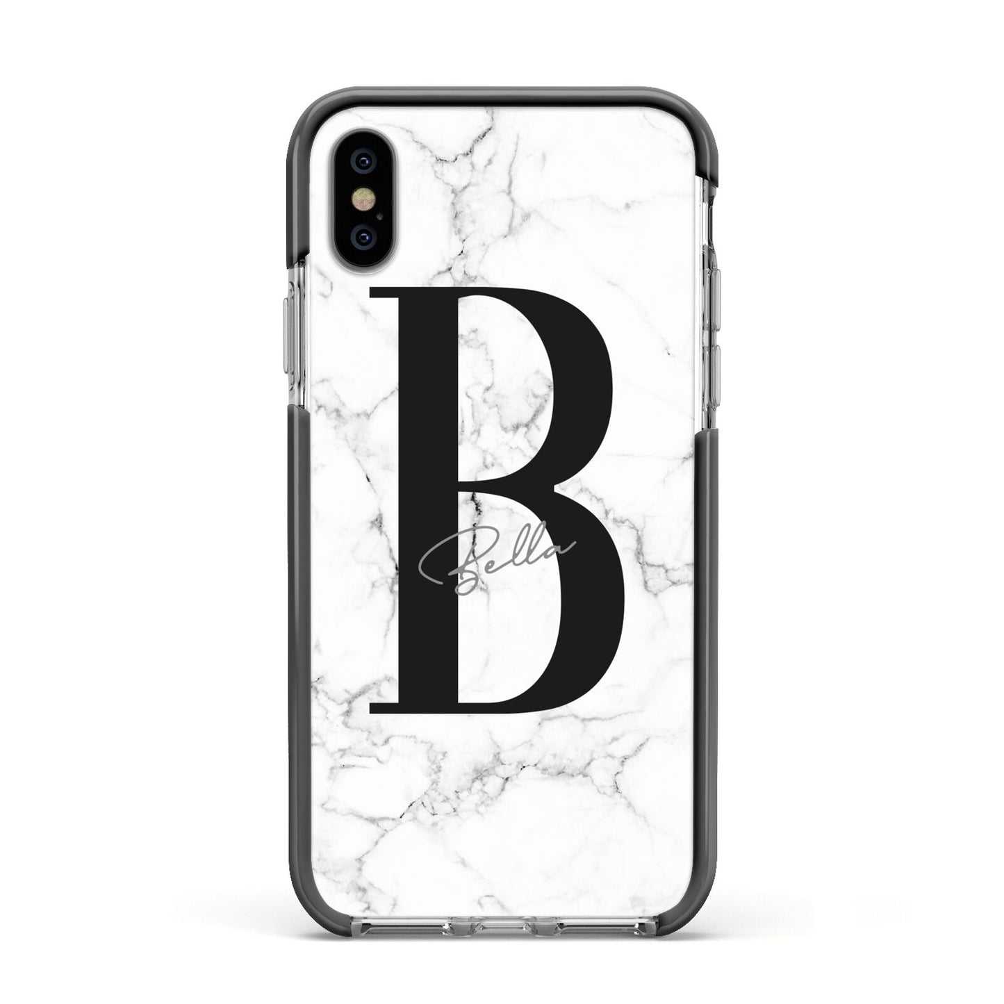 Monogrammed White Marble Apple iPhone Xs Impact Case Black Edge on Silver Phone