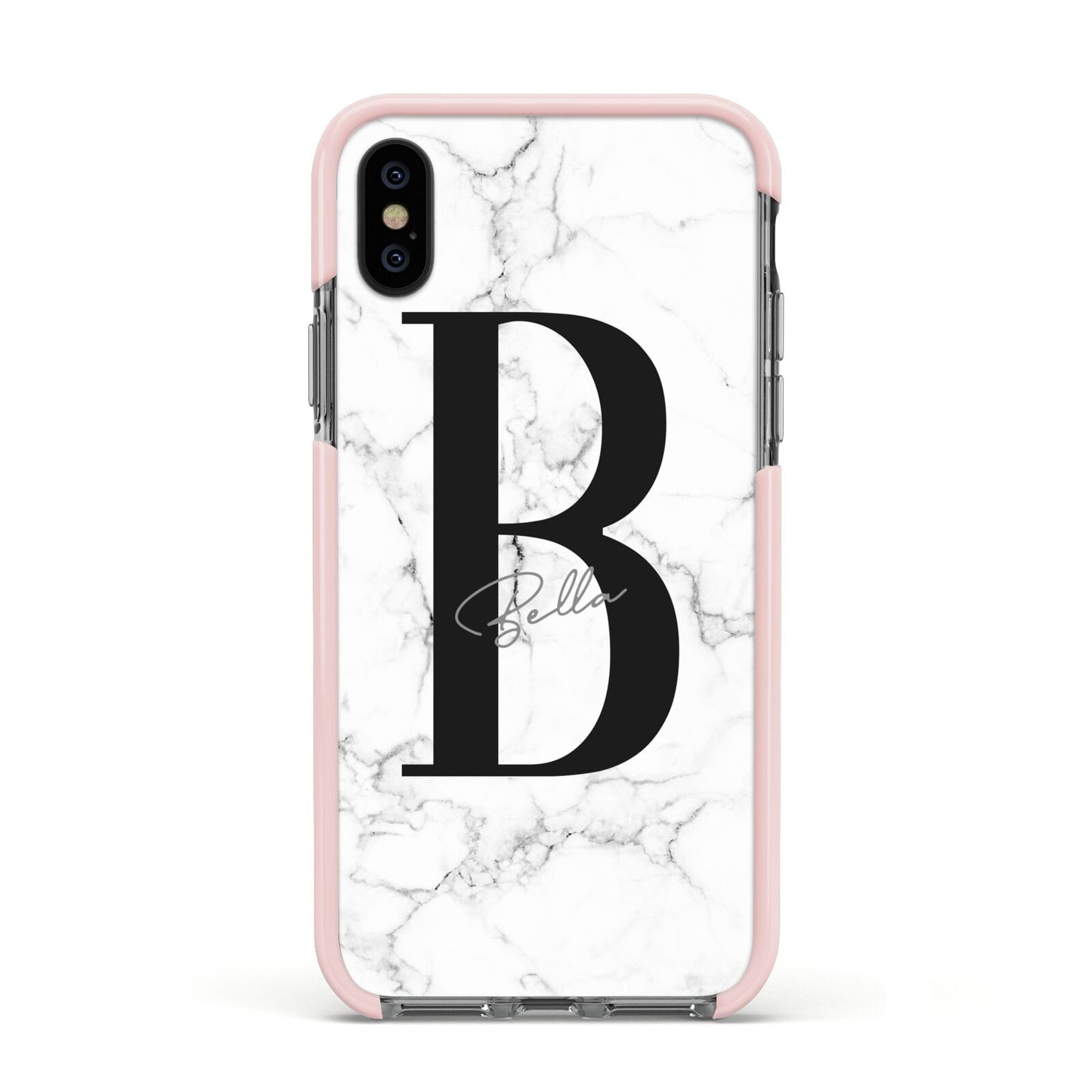 Monogrammed White Marble Apple iPhone Xs Impact Case Pink Edge on Black Phone