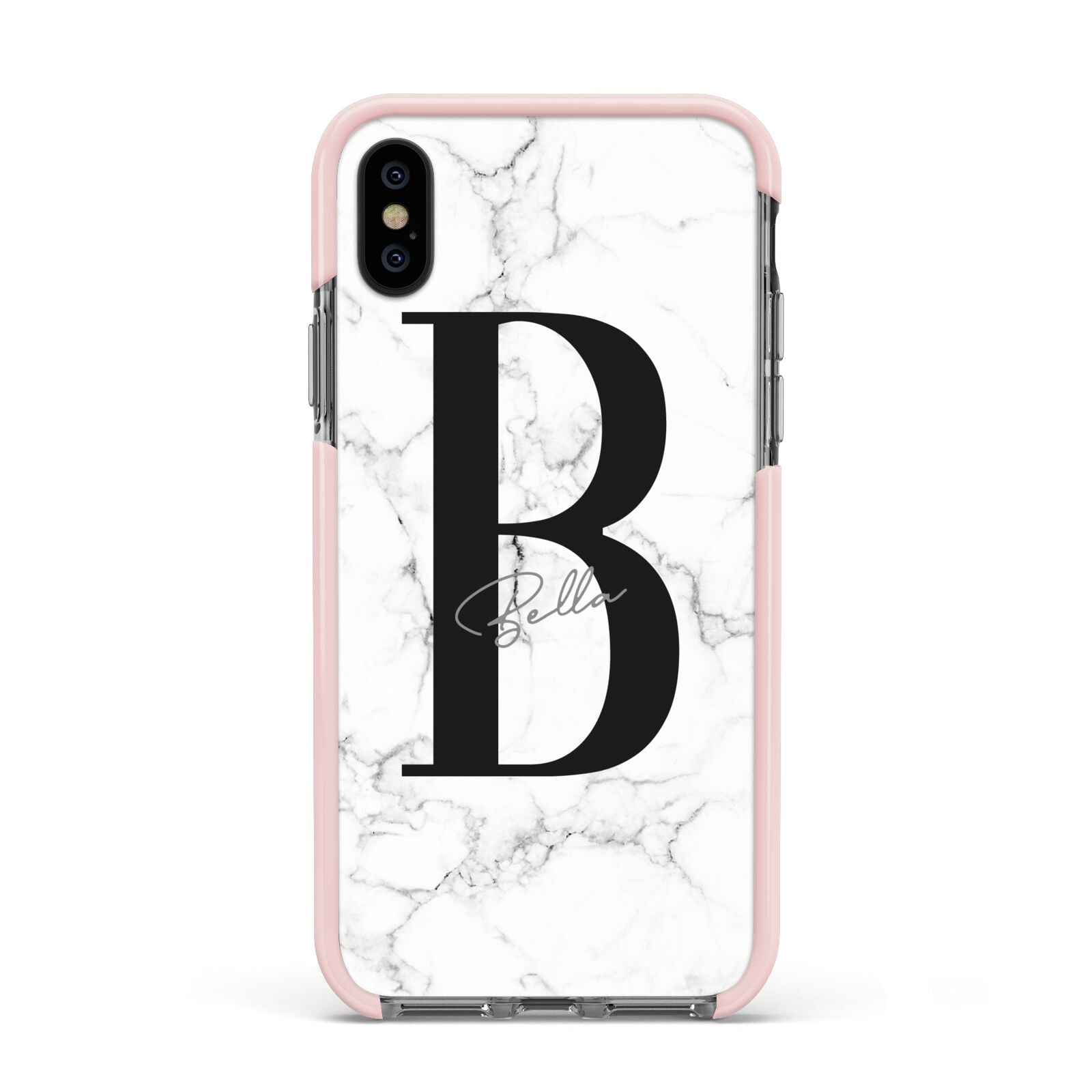 Monogrammed White Marble Apple iPhone Xs Impact Case Pink Edge on Black Phone
