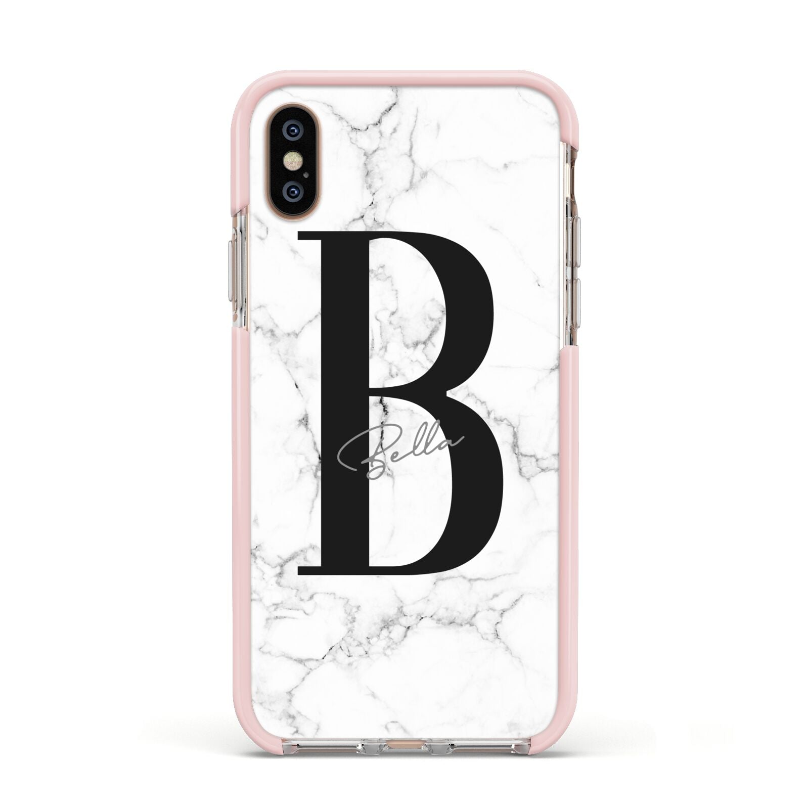 Monogrammed White Marble Apple iPhone Xs Impact Case Pink Edge on Gold Phone