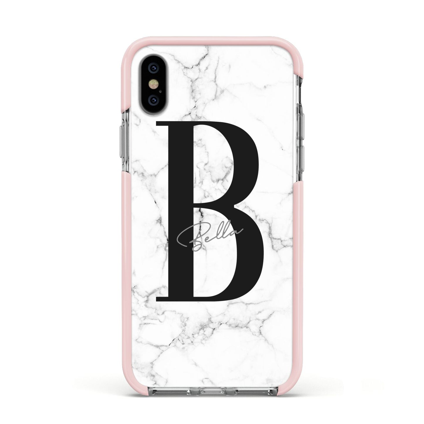 Monogrammed White Marble Apple iPhone Xs Impact Case Pink Edge on Silver Phone