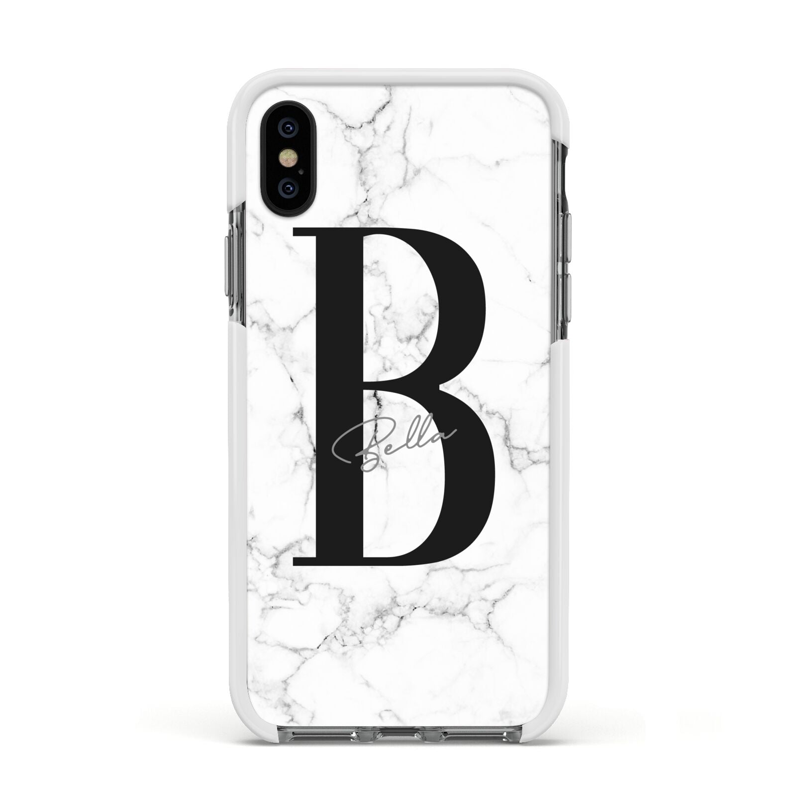 Monogrammed White Marble Apple iPhone Xs Impact Case White Edge on Black Phone