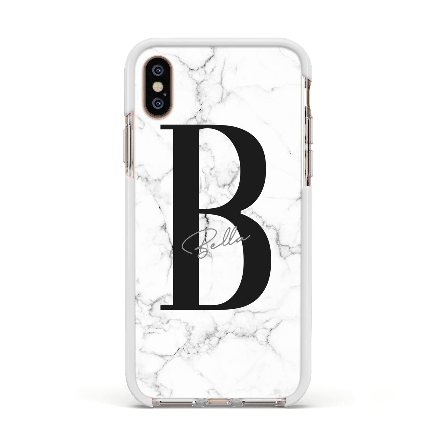 Monogrammed White Marble Apple iPhone Xs Impact Case White Edge on Gold Phone