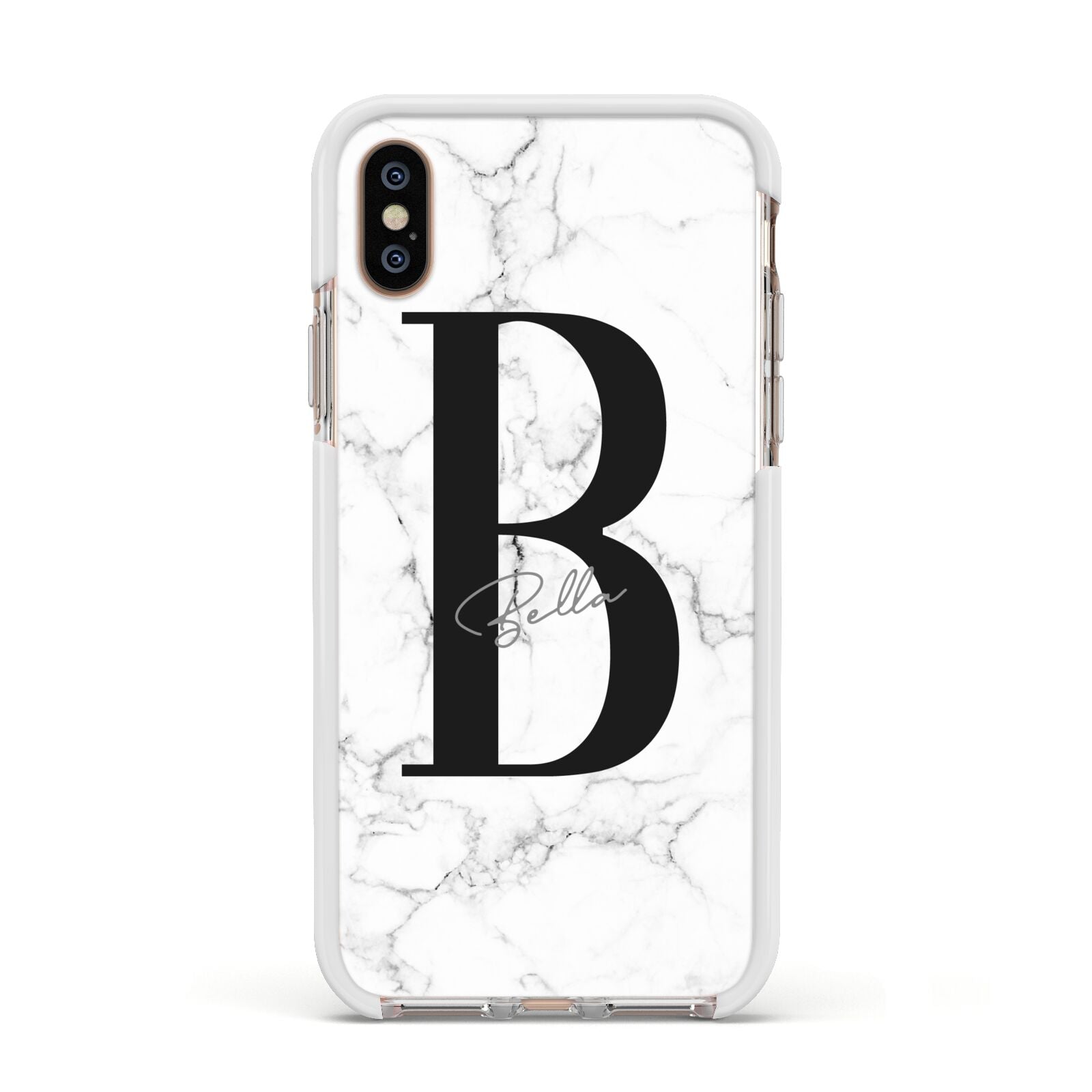 Monogrammed White Marble Apple iPhone Xs Impact Case White Edge on Gold Phone