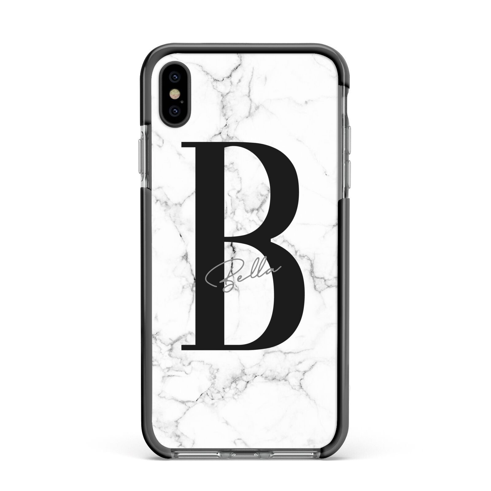 Monogrammed White Marble Apple iPhone Xs Max Impact Case Black Edge on Black Phone