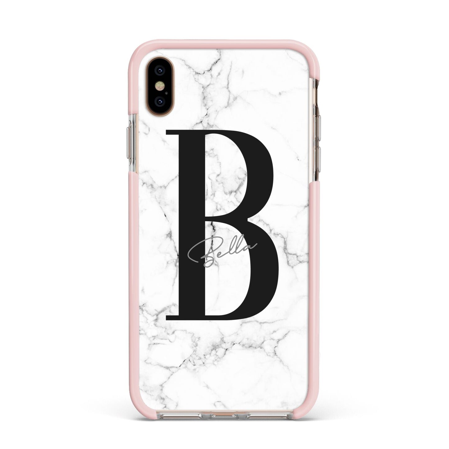 Monogrammed White Marble Apple iPhone Xs Max Impact Case Pink Edge on Gold Phone