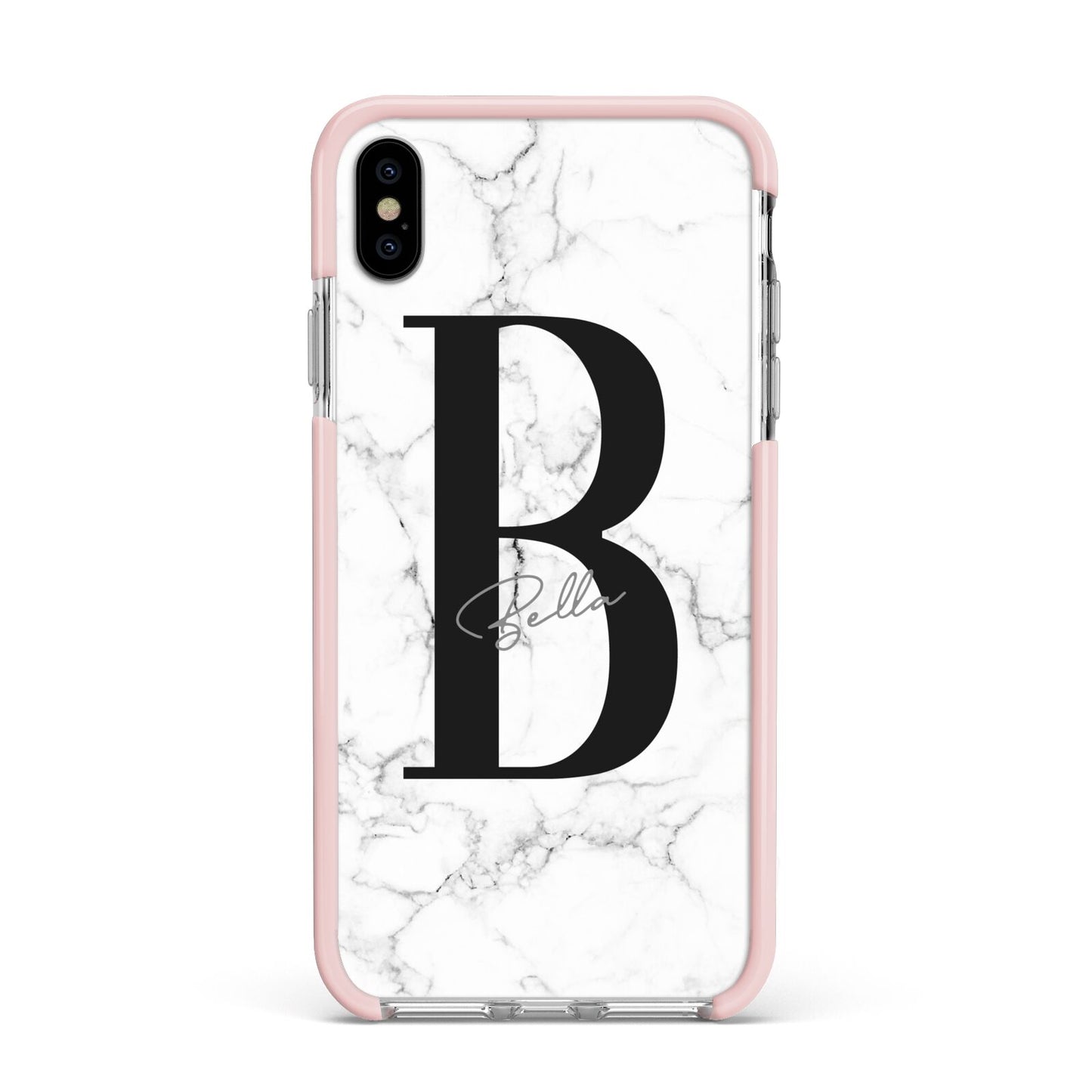 Monogrammed White Marble Apple iPhone Xs Max Impact Case Pink Edge on Silver Phone