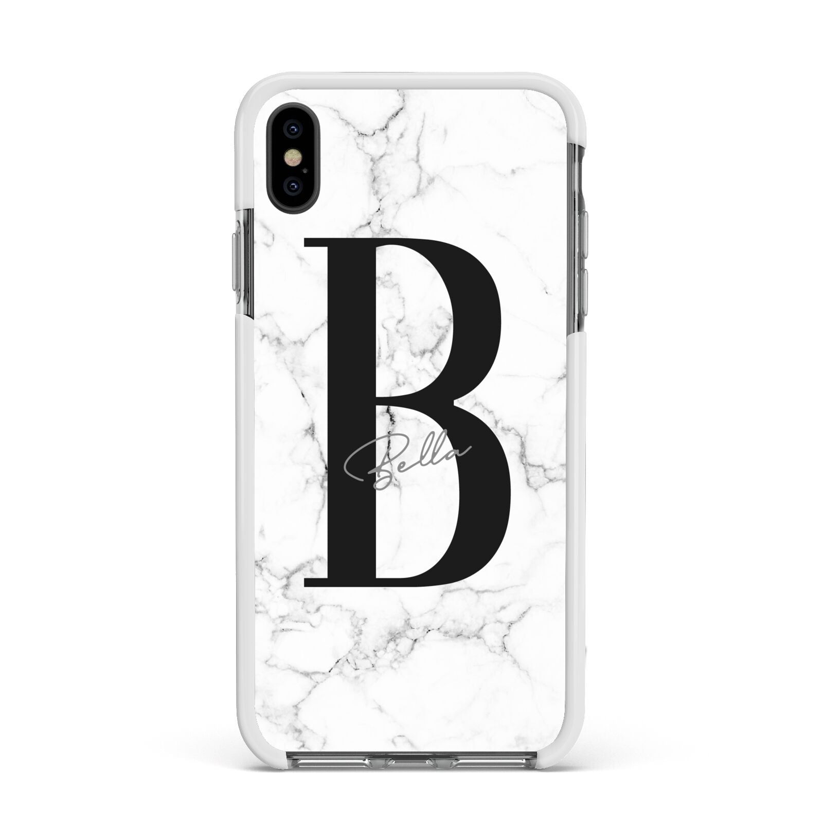 Monogrammed White Marble Apple iPhone Xs Max Impact Case White Edge on Black Phone
