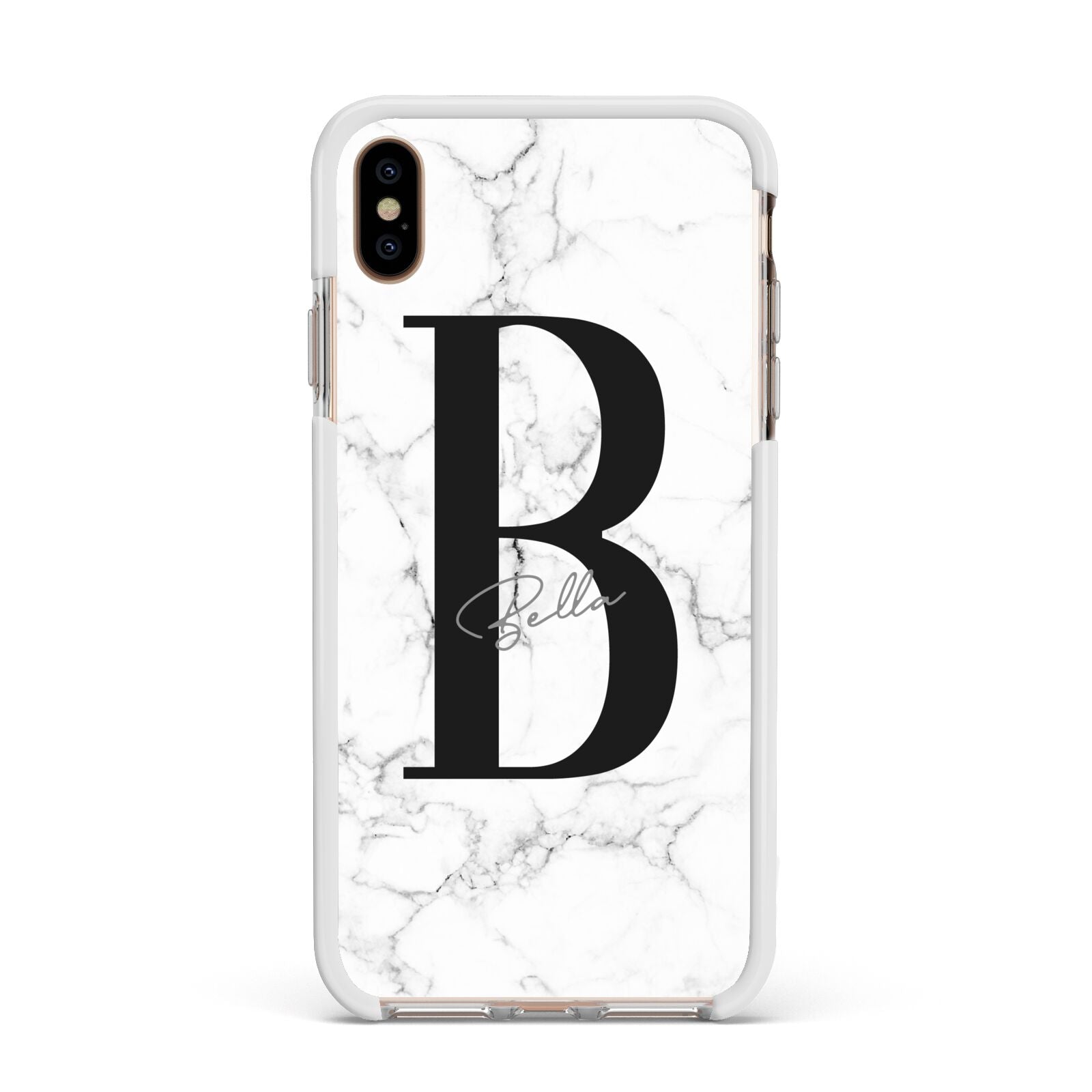 Monogrammed White Marble Apple iPhone Xs Max Impact Case White Edge on Gold Phone