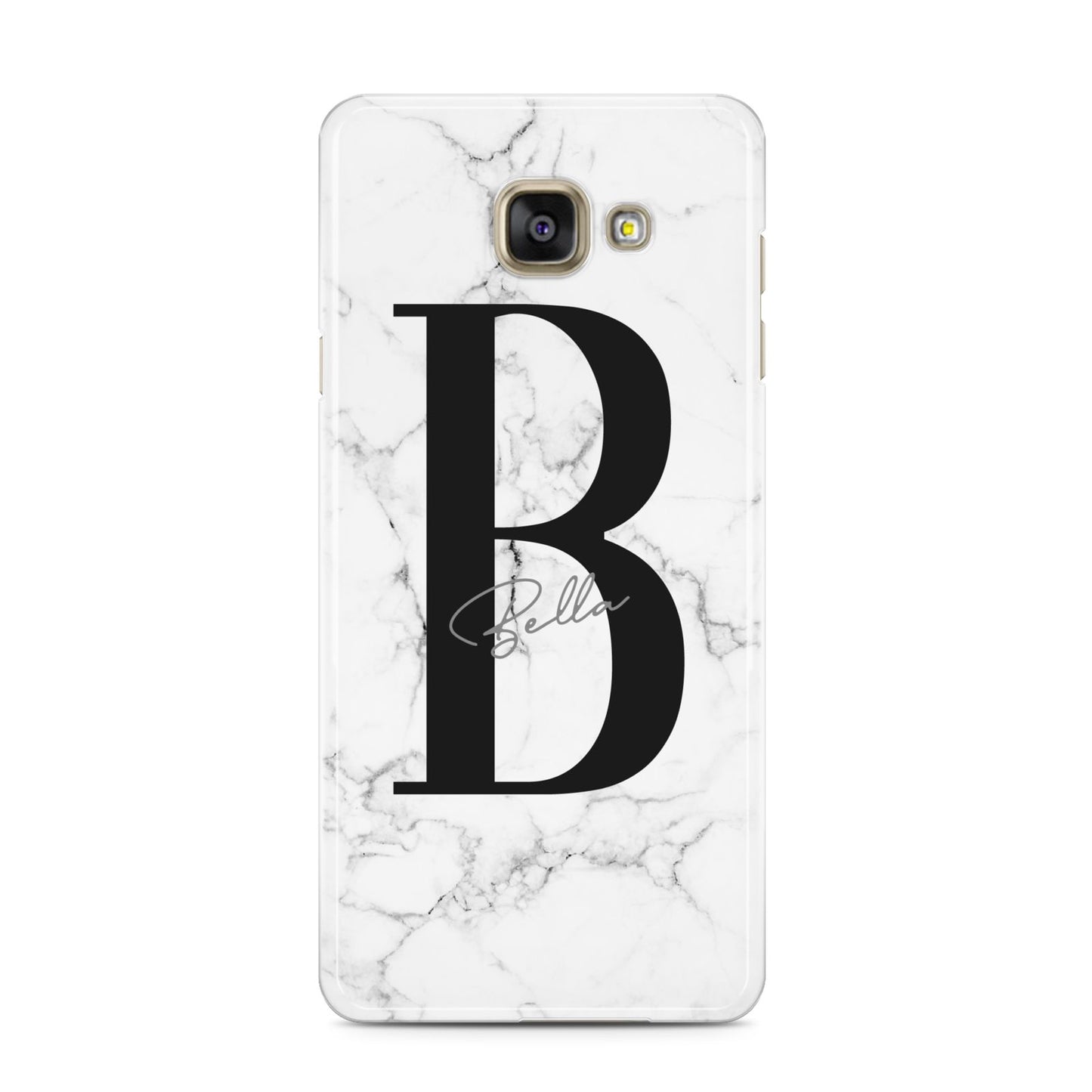 Monogrammed White Marble Samsung Galaxy A3 2016 Case on gold phone