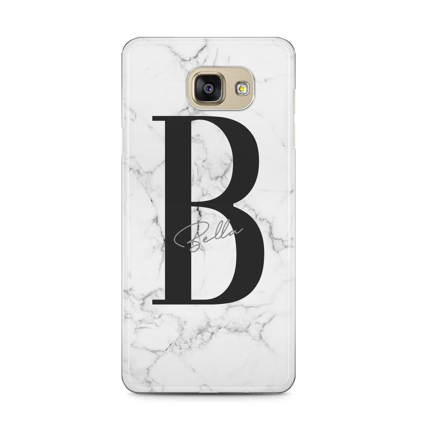 Monogrammed White Marble Samsung Galaxy A5 2016 Case on gold phone