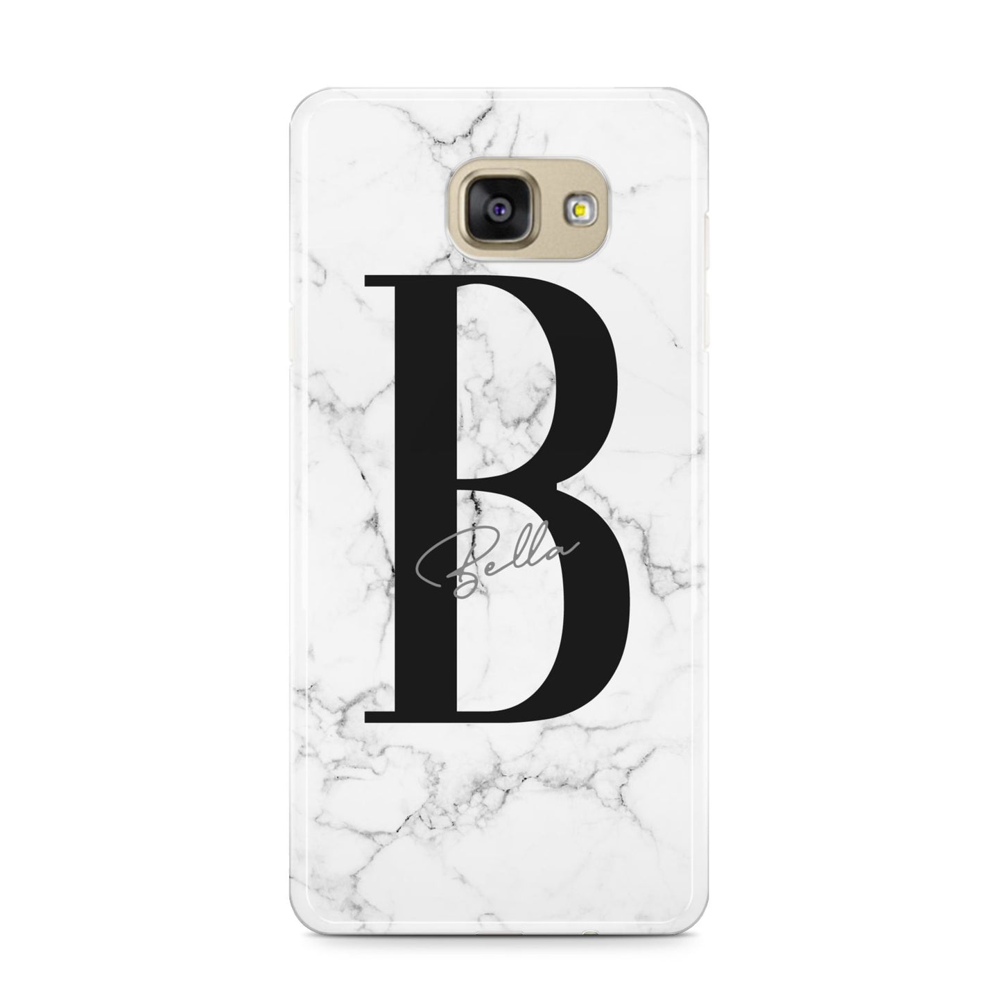 Monogrammed White Marble Samsung Galaxy A9 2016 Case on gold phone