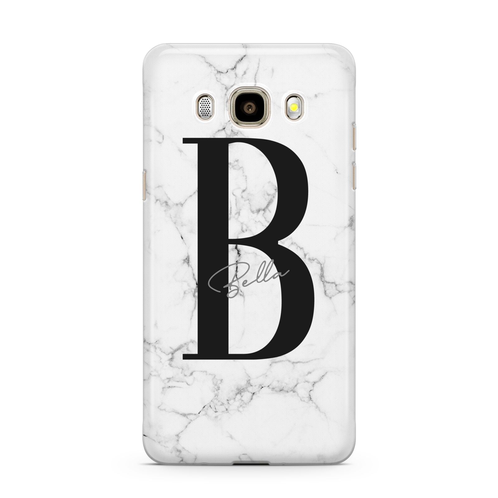 Monogrammed White Marble Samsung Galaxy J7 2016 Case on gold phone