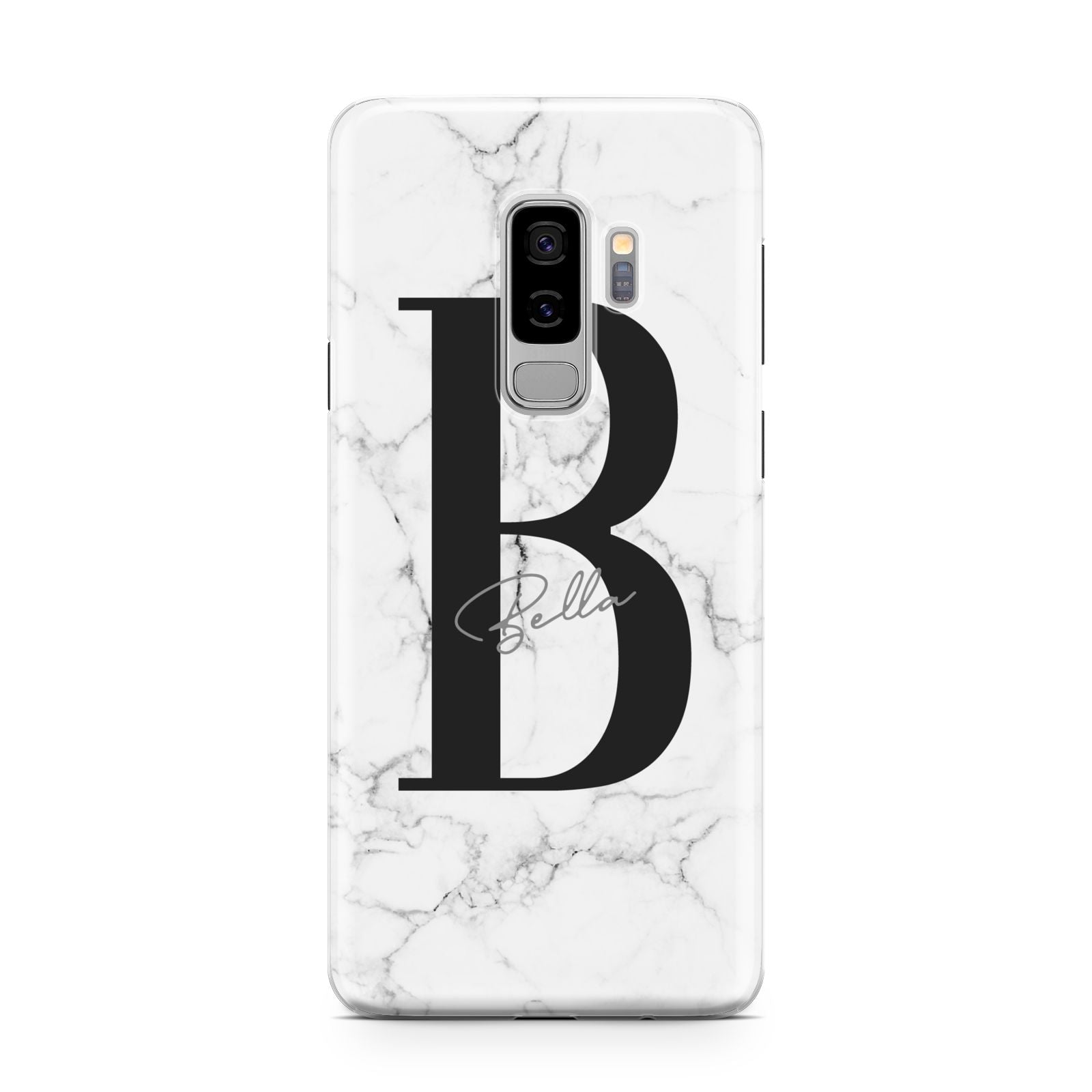 Monogrammed White Marble Samsung Galaxy S9 Plus Case on Silver phone