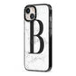 Monogrammed White Marble iPhone 13 Black Impact Case Side Angle on Silver phone