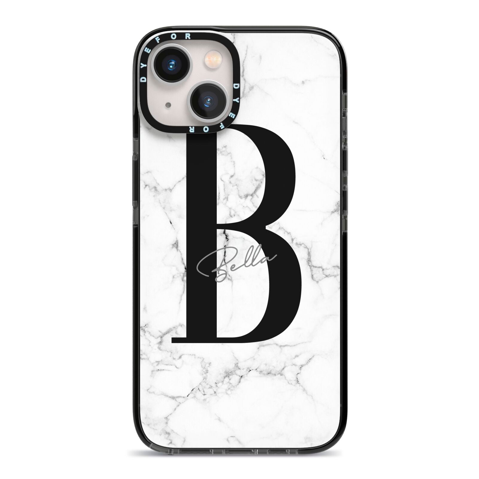 Monogrammed White Marble iPhone 13 Black Impact Case on Silver phone