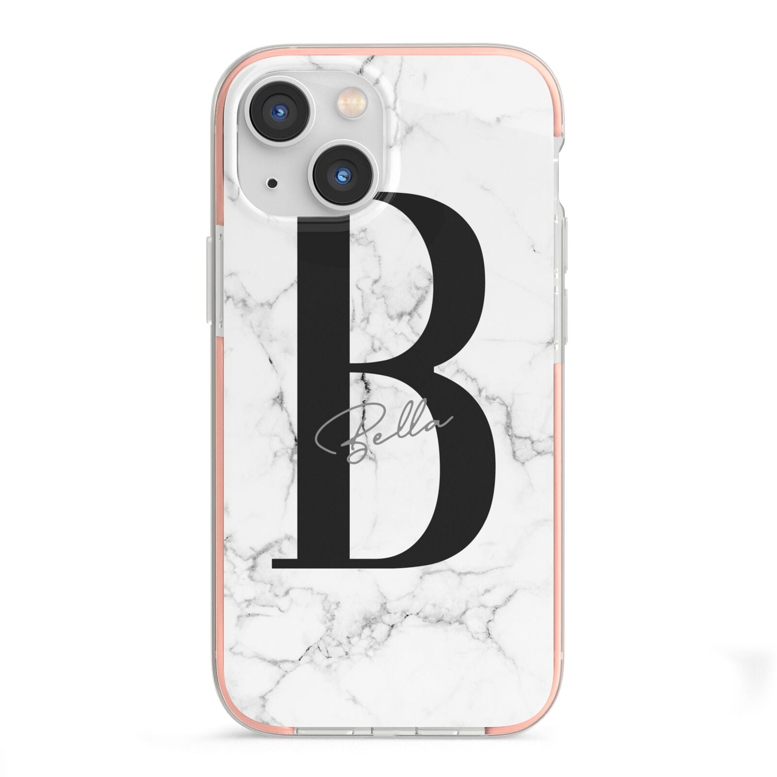 Monogrammed White Marble iPhone 13 Mini TPU Impact Case with Pink Edges