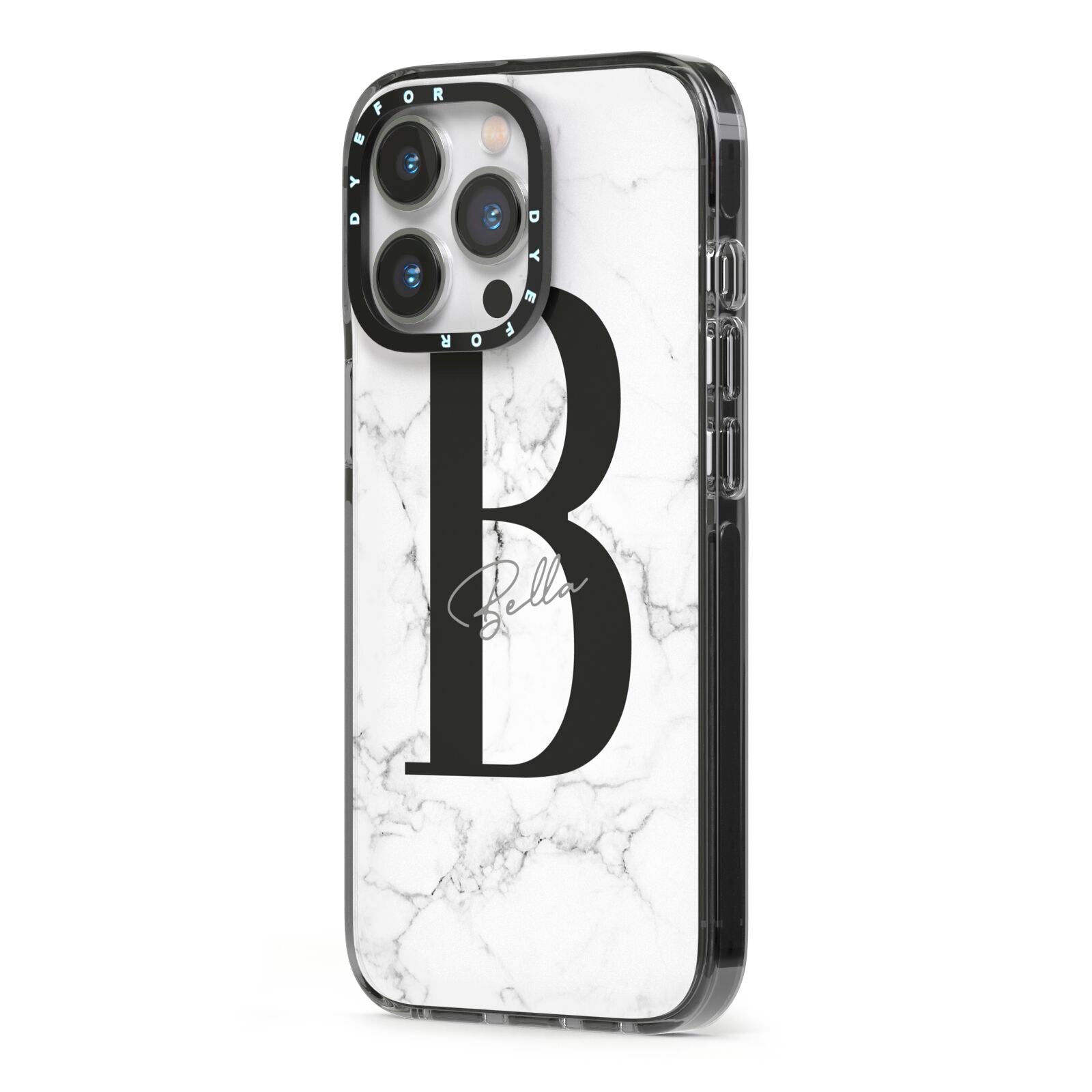 Monogrammed White Marble iPhone 13 Pro Black Impact Case Side Angle on Silver phone
