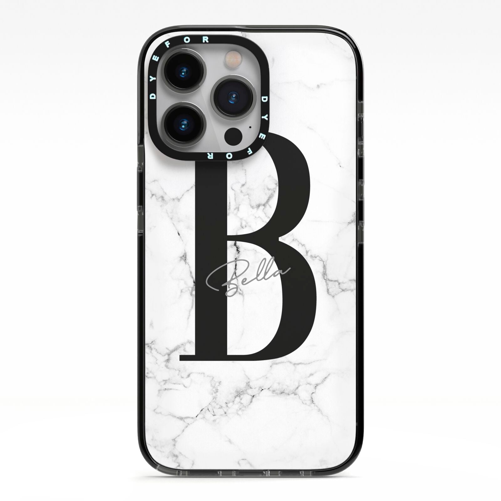 Monogrammed White Marble iPhone 13 Pro Black Impact Case on Silver phone