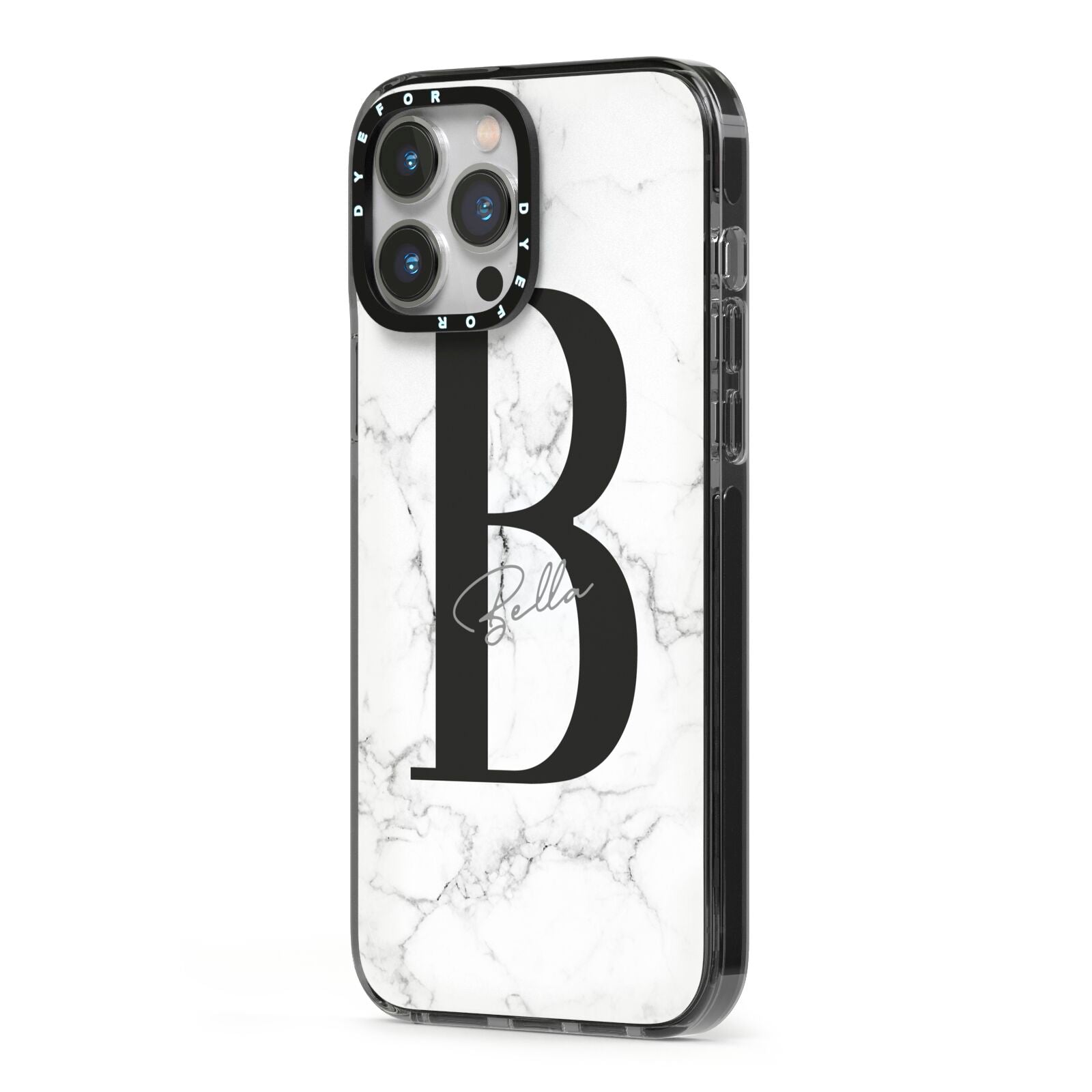 Monogrammed White Marble iPhone 13 Pro Max Black Impact Case Side Angle on Silver phone